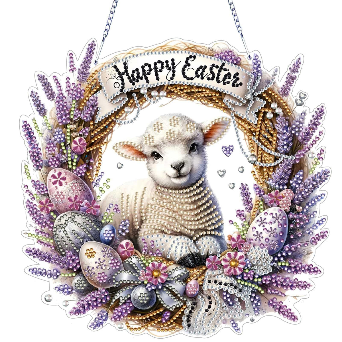 VODAPYC Easter Diamond Art Hanging Kits for Adults, DIY Double Sided Partial Special Shaped Diamond Painting Window Pendant Ornament(Happy Easter Sheep)