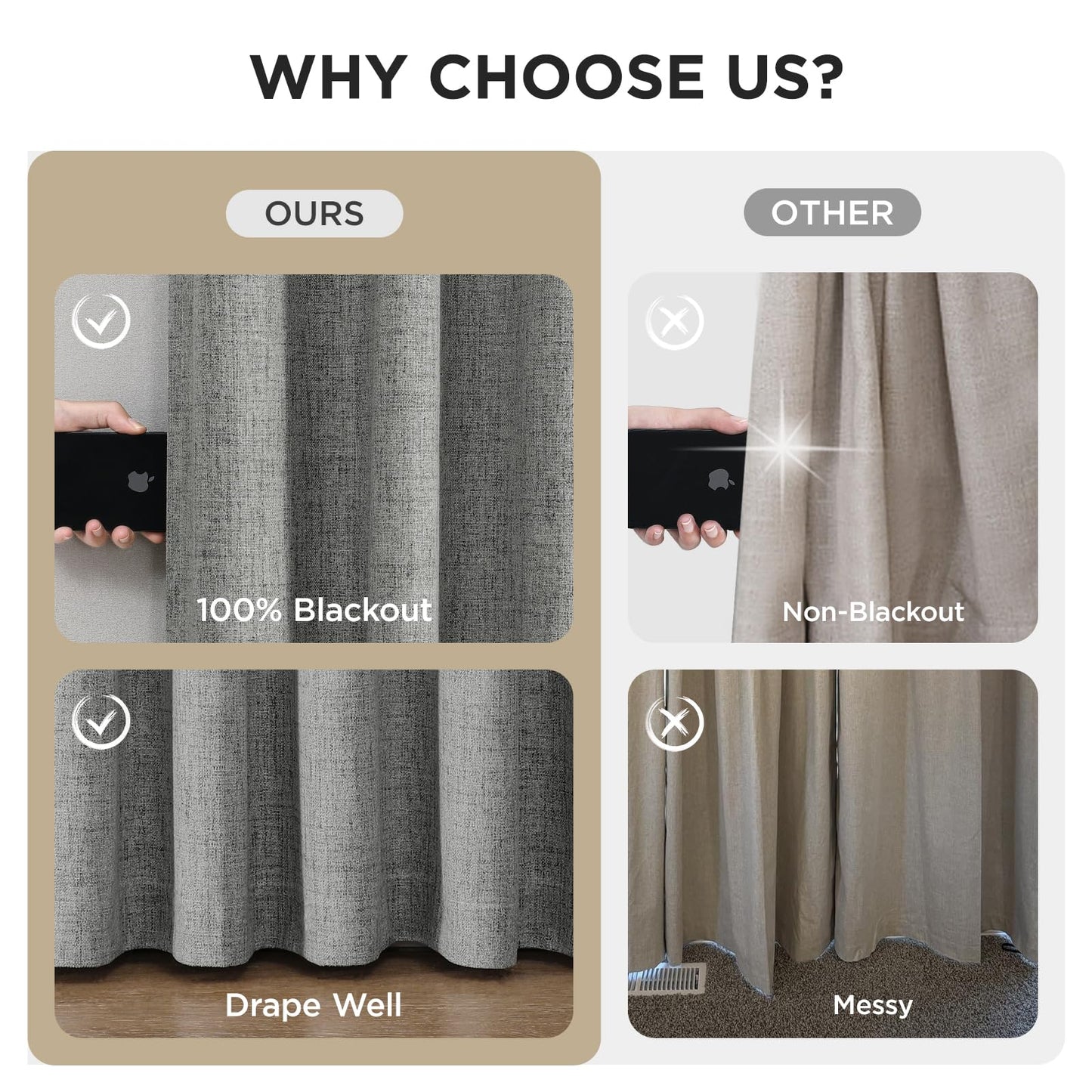 Joydeco Pinch Pleated Curtains - 100% Blackout for Bedroom, Light Grey Linen Curtains 40" W x 90" L, Thermal Insulated 2 Panels Light Blocking Drapes, Back Tabs for Living Room