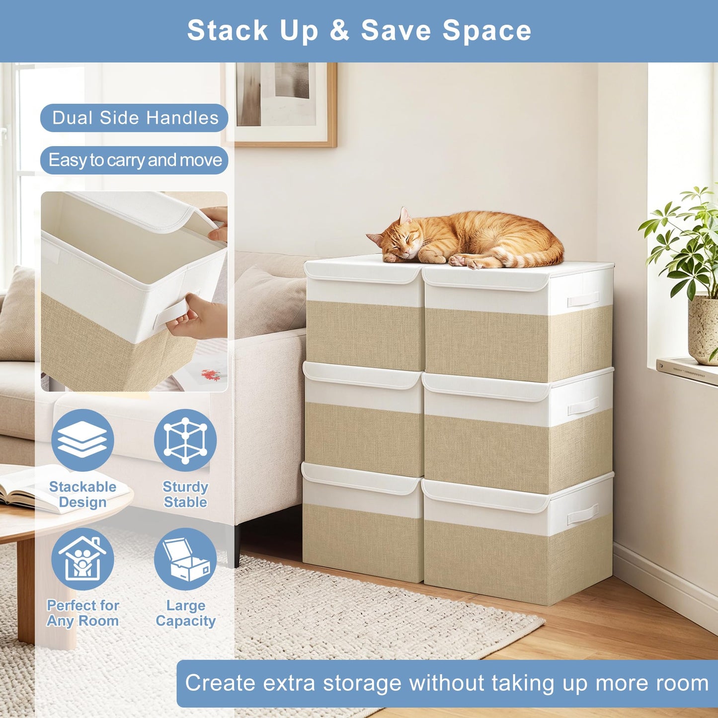 Bagnizer Large 22 Quart Linen Fabric Foldable Storage Bin Cube Organizer Basket with Flip-Top Lid & Handles, Clothes Blanket Box for Home, Office, Closet, Beige & White, 4 Pack 14.6 x 9.5 x 9.5”