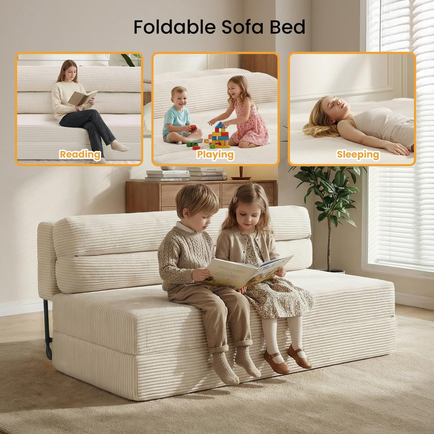 feliz home Folding Mattress, 3 in 1 Convertible Sofa Bed Fold Out Couch Bed Floor Couch Lounge Sleeper Mattress for Living Room, Guest Room (Beige, Full (Frame Included))