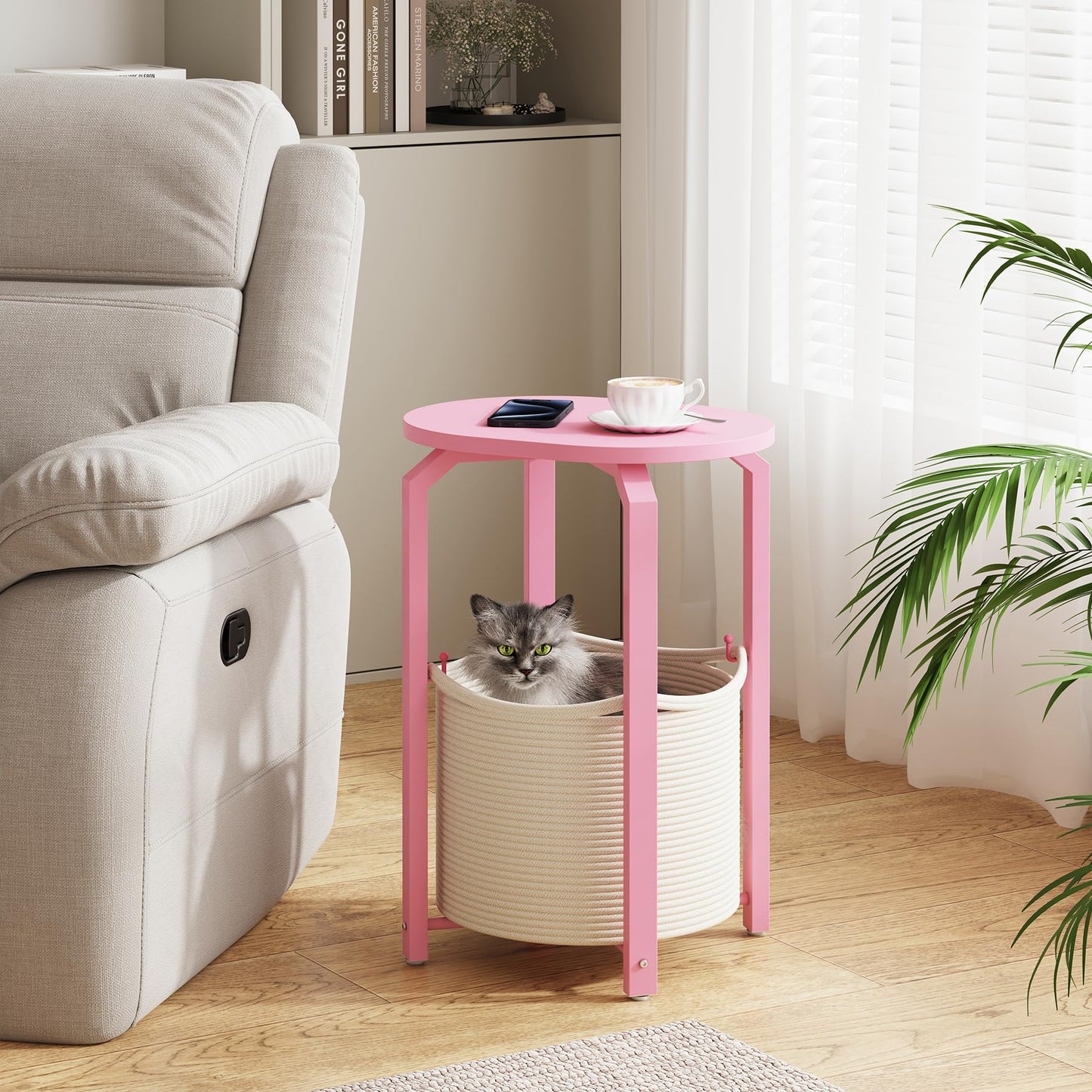 TUTOTAK Set of 2 Oval End Tables with Woven Storage Baskets, Pink Small Side Tables for Living Room, Bedroom, Pink TB01BP0932