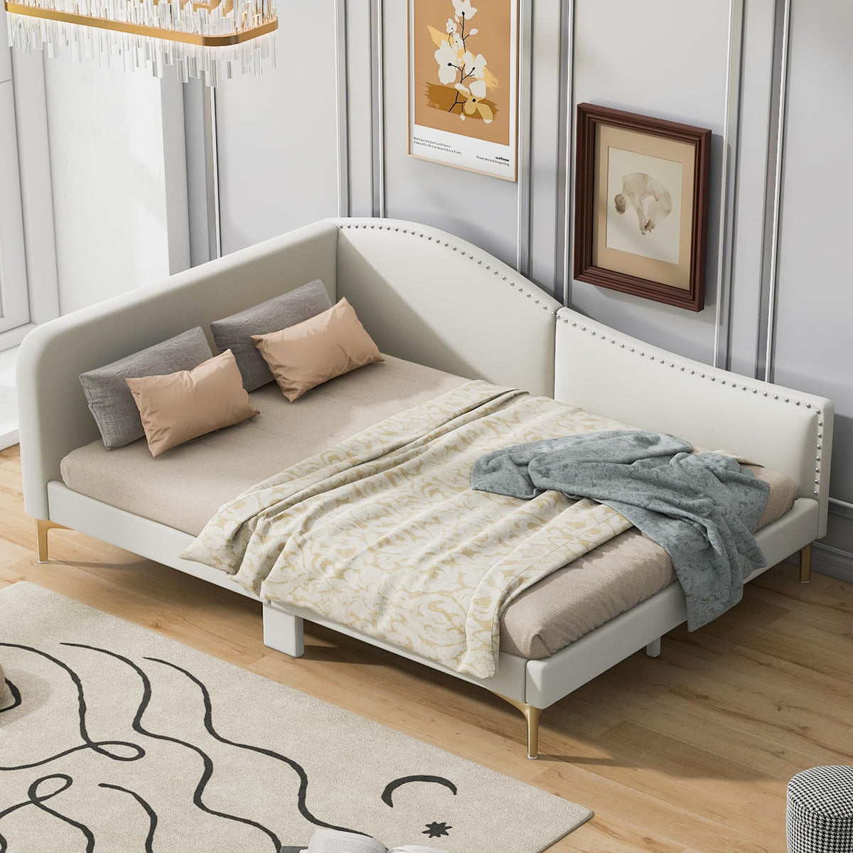 Jintop Full Size Upholstered Daybed with Backrest and Armrest,Modern Wooden Bed Frame,w/Support Legs,Slat Support,No Box Spring Needed,for Dorm,Apartment,Studio,Office,Beige