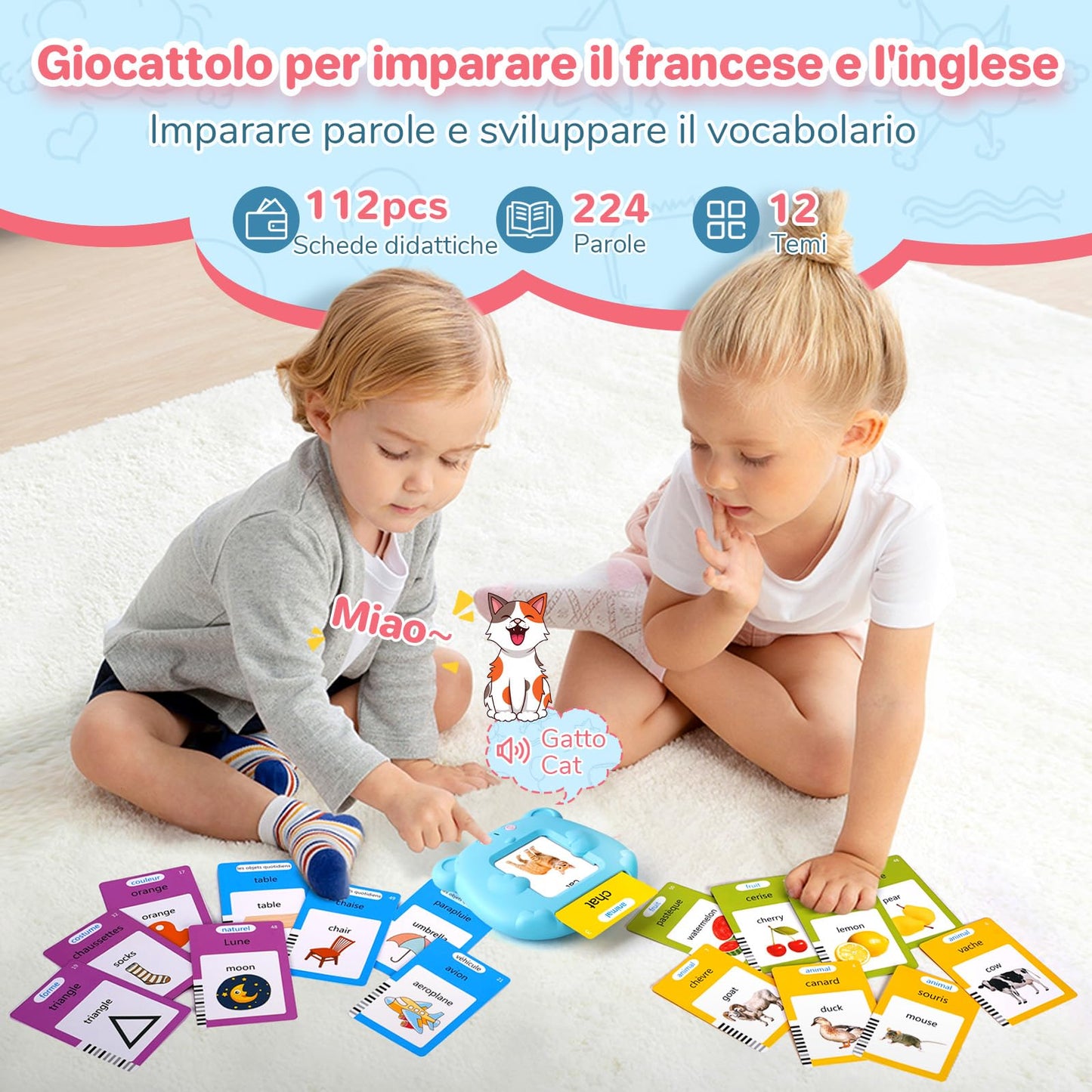 Italian & English Talking Flash Cards for Toddlers, Bilingual Flash Cards for Toddlers with 224 Sight Words, Montessori Learning Toys, Speech Therapy & Sensory Preschool Education Gifts for Kids