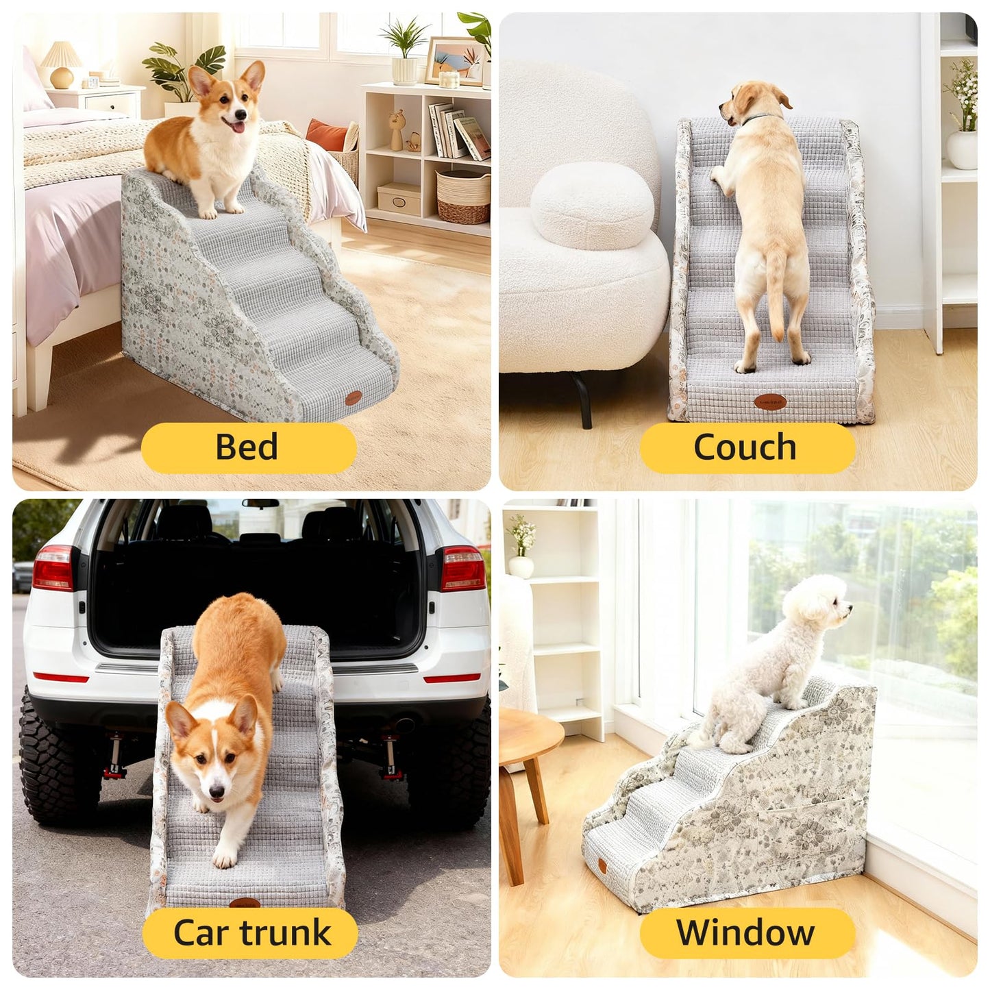 Woochpet Side Armrest Dog Stairs for High Beds Up to 26-30",5 Tier Wider Curved with Weighted Base Plate, Washable Cover Gentle Slope Steps, Bed & Couch Ladder for Small Medium Dogs & Senior Cat