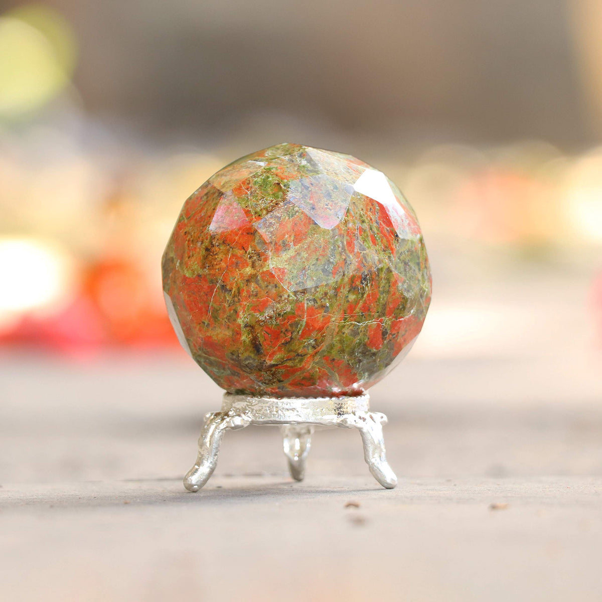 Crocon 45mm Unakite Diamond Cut Stone Sphere Ball with Metal Stand 1400+ Carats Gemstone Ball Healing Ornament Rock Sphere Sculpture Figurine for Fengshui Divination Crystal Home Decor Photography