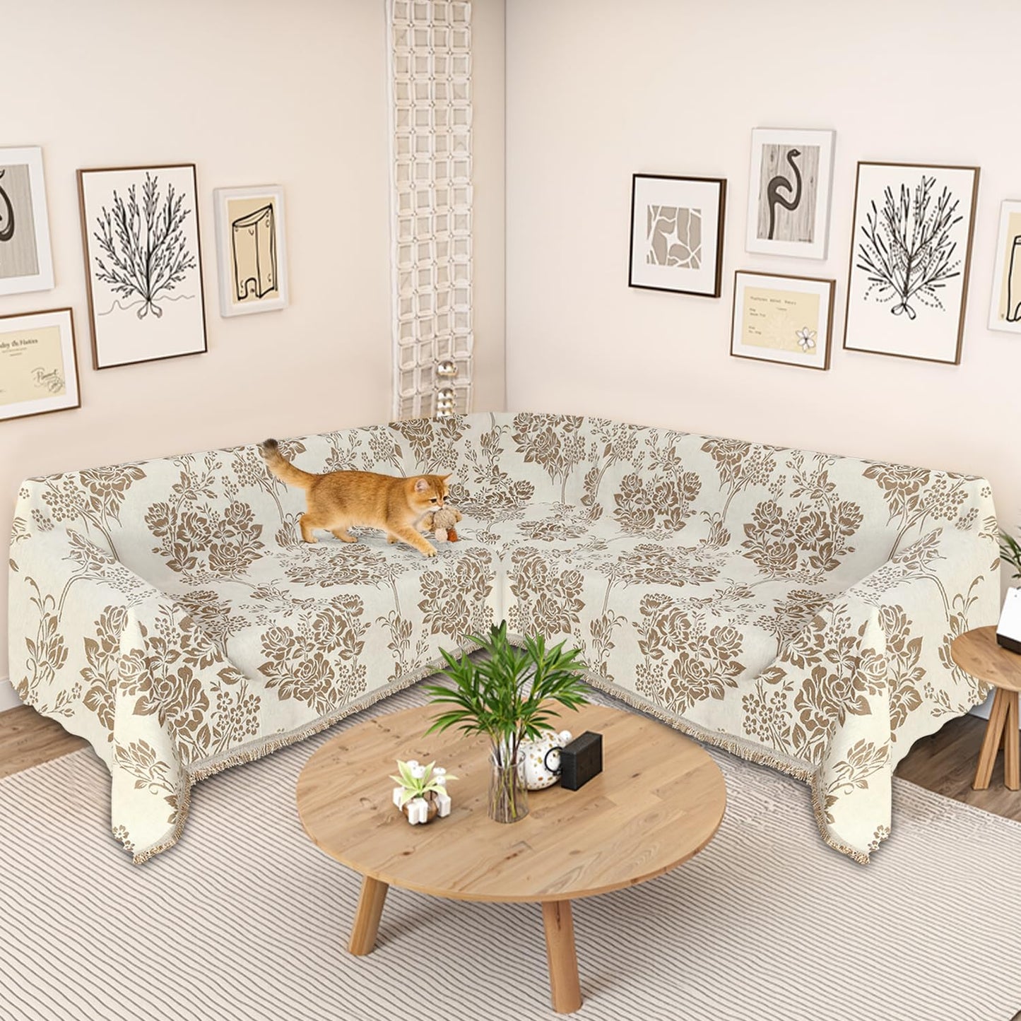 SYJOVIA 1OO% Waterproof Sectional Couch Covers for Dogs L Shaped Corner Sofa Cover Washable Chenille Sofa Slipcovers Blanket Modern Jacquard Pet Furniture Protector (91"x252", Khaki Flower Shadow)