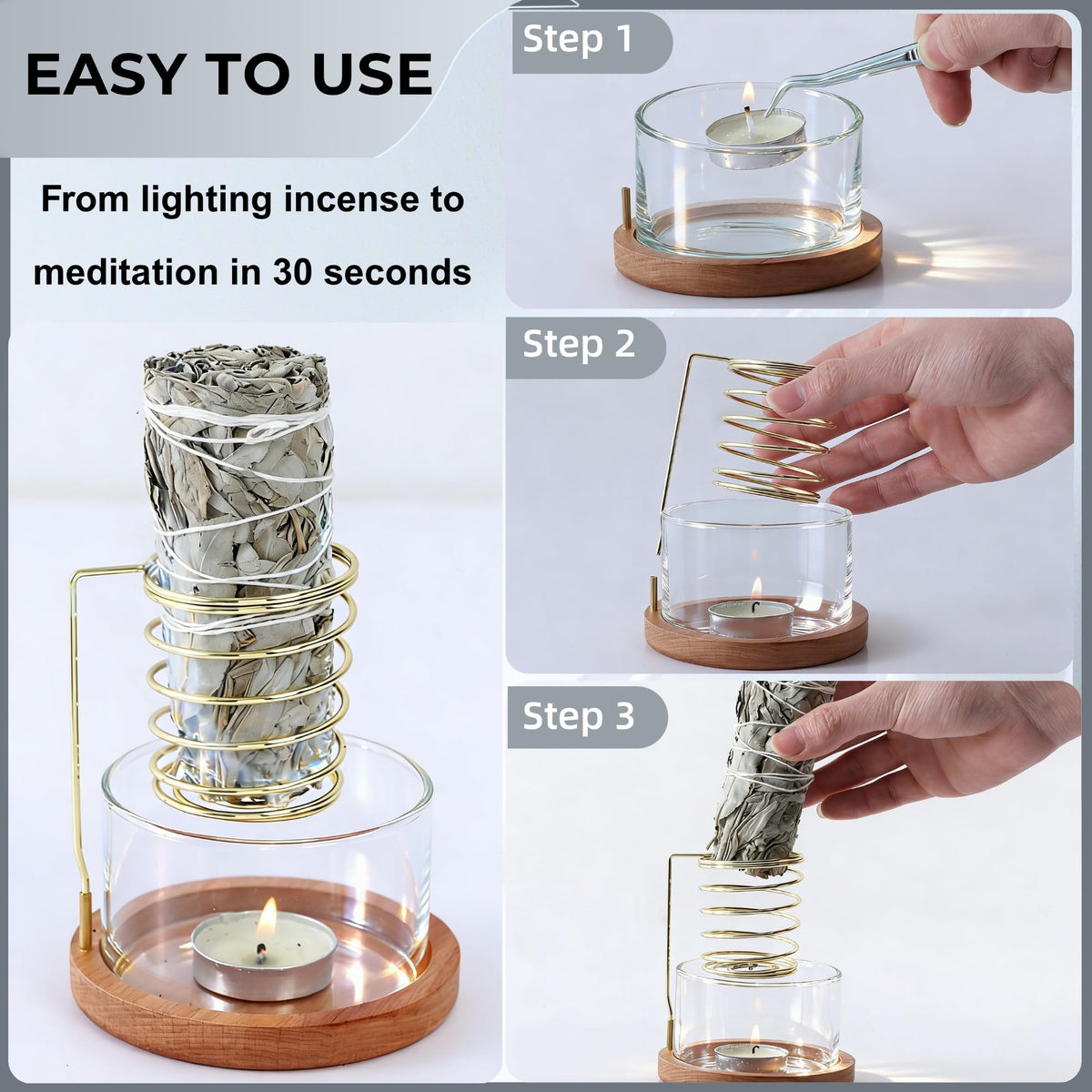 CrysDeco 2 in 1 Incense Holder for Burning Palo Santo & Sage Sticks, Lasting Burning Upside Down Palo Santo and Sage Burner Smudge Bowl for Yoga Meditation Spiritual Altar, Ash-Free, Wind-Resistant