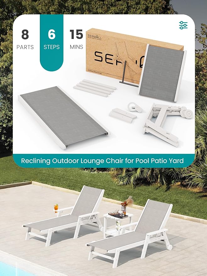 SERWALL Textilene Patio Chaise Lounge Chair, 5 Positions Adjustable Outdoor