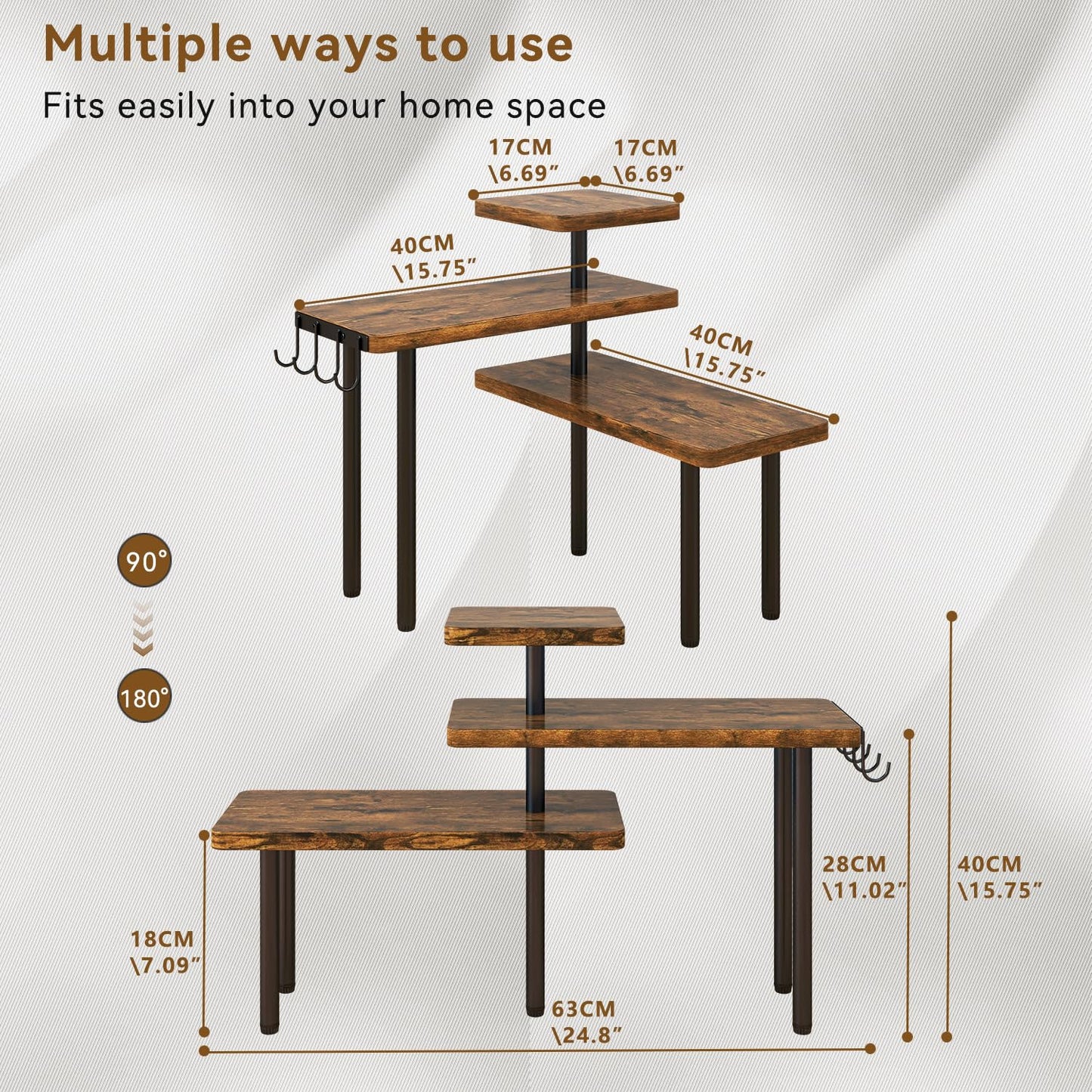 IBUYKE Kitchen Countertop Organizer,3-Tier Wooden Spice Racks,Bathroom Counter Organizer，Rotating Adjustable,4 Side Hooks,Corner Shelf for Kitchen,Coffee Bar, Cabinet, Desk,Rustic Brown,TLJ023H