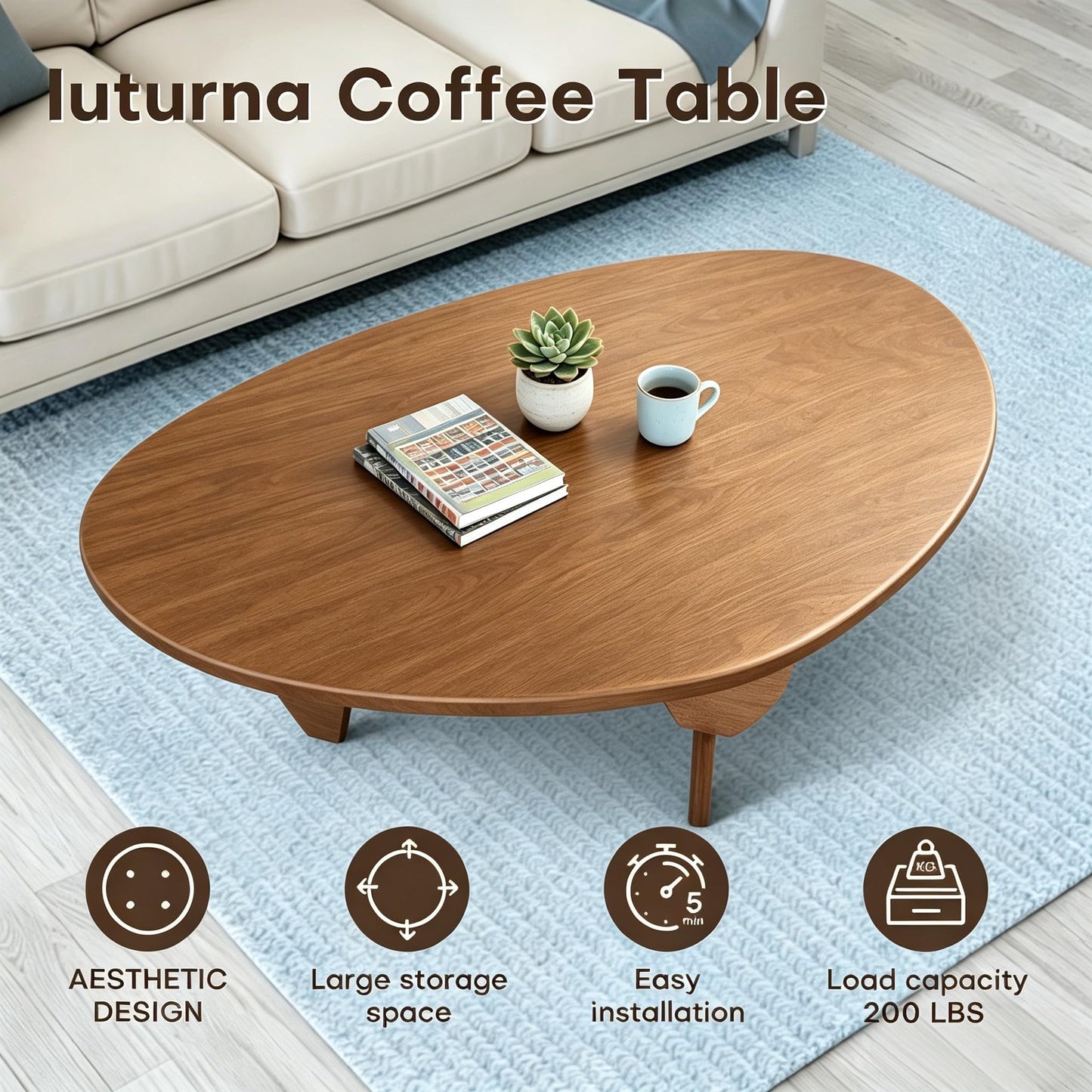 Solid Wood Coffee Table, Mid-Century Modern Triangle Center Table for Living Room, Triangular Wood Tea Table, Fingerprint-Free & Shatterproof, Walnut, 43.3" L x 30.7" W x 16.5" H
