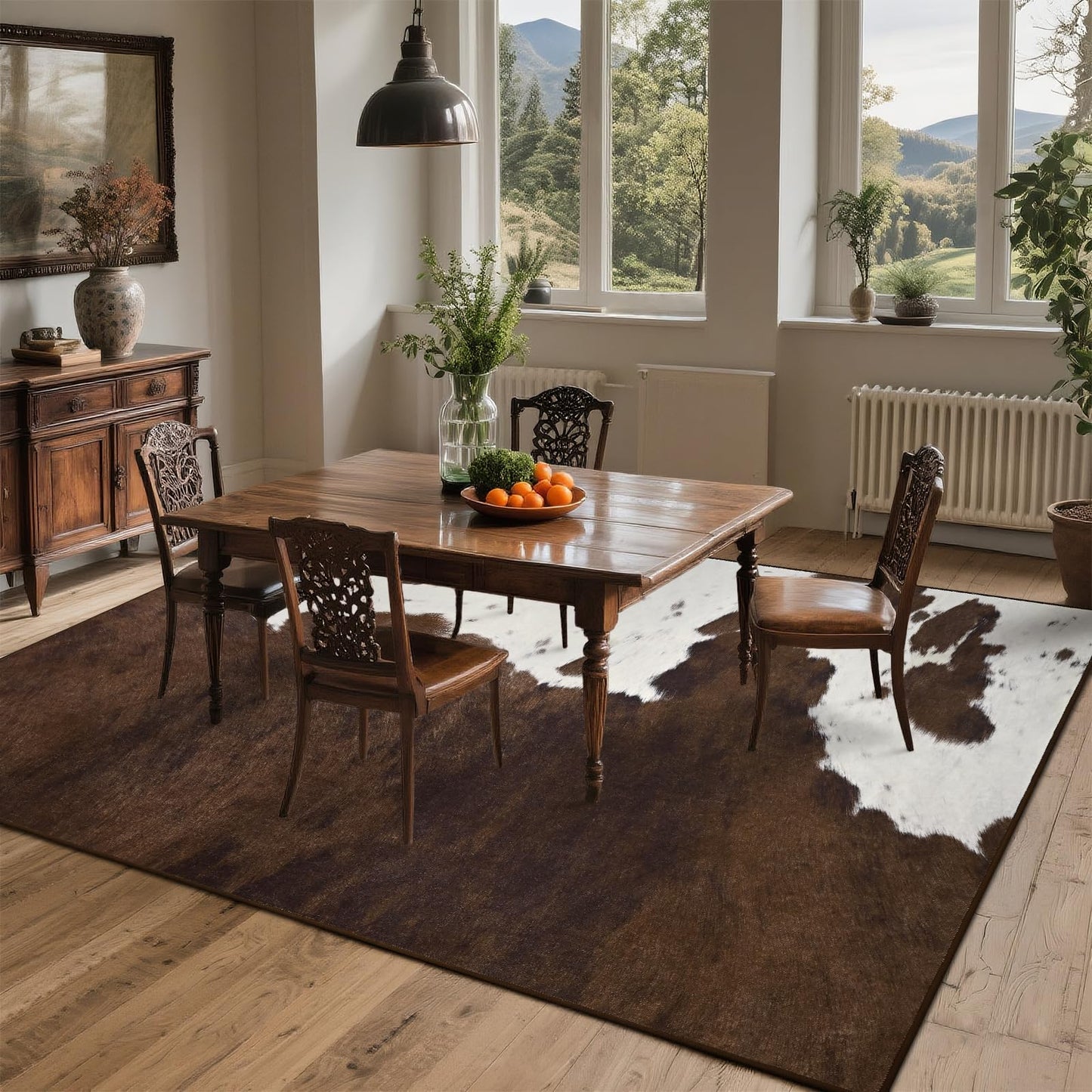 DweIke Cow Print Rug – 5x7 Faux Cowhide Carpet, Washable Soft Non-Slip Stain Resistant Animal Cow Hide Rugs for Living Room Bedroom Dining Room Office, Western Home Decor, Brown