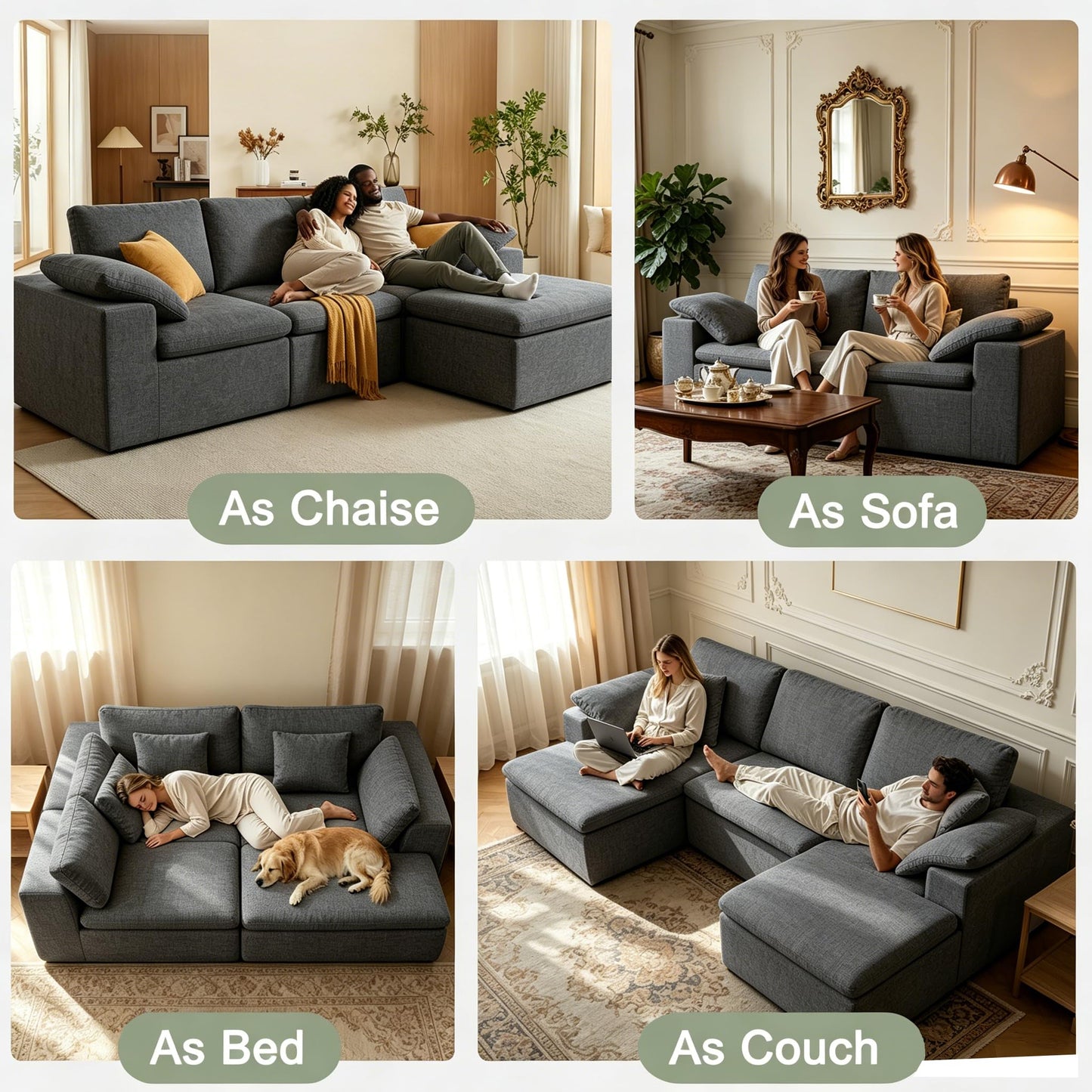 Nigoone 108" Sectional Couches for Living Room, Adjustable Sofa Backrest, Modular Cloud Sofa with Ottoman, Convertible L Shaped Boneless Couch, 4 Seater, Dark Grey Chenille, No Assembly