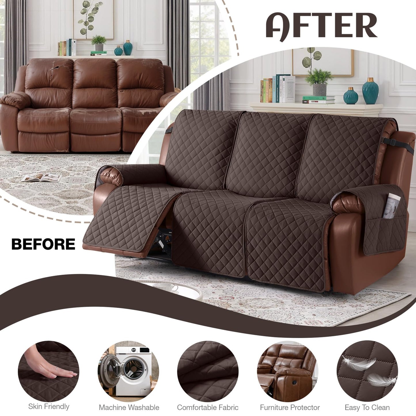 KinCam Waterproof Recliner Sofa Cover, Non-Slip Reclining Couch Covers for 3 Seat, Recliner Couch Cover Furniture Protector with Elastic Straps for Pets, Kids, Chocolate