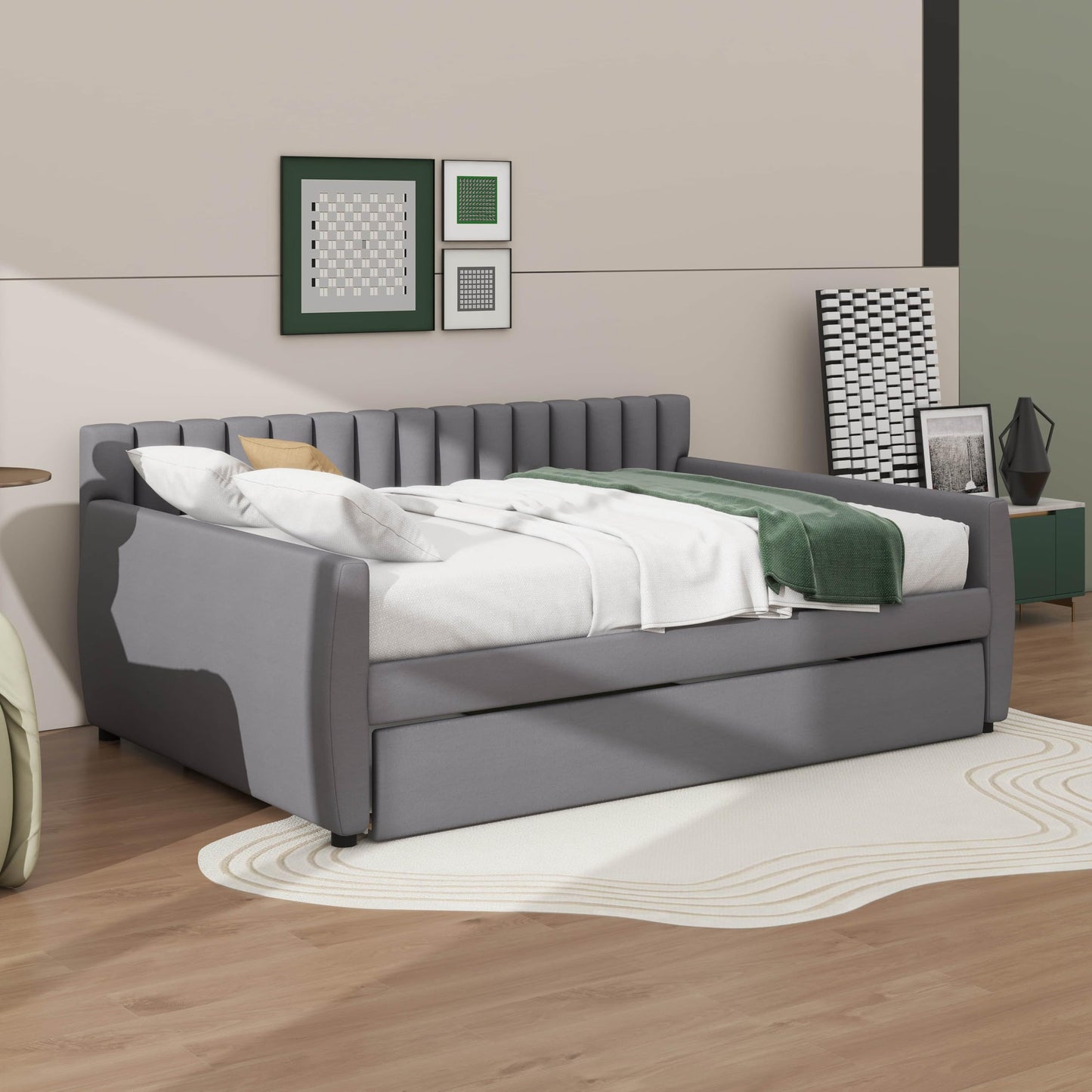 YunNianYang Full Size Upholstered daybed with Trundle and Wood Slat Support (Gray)