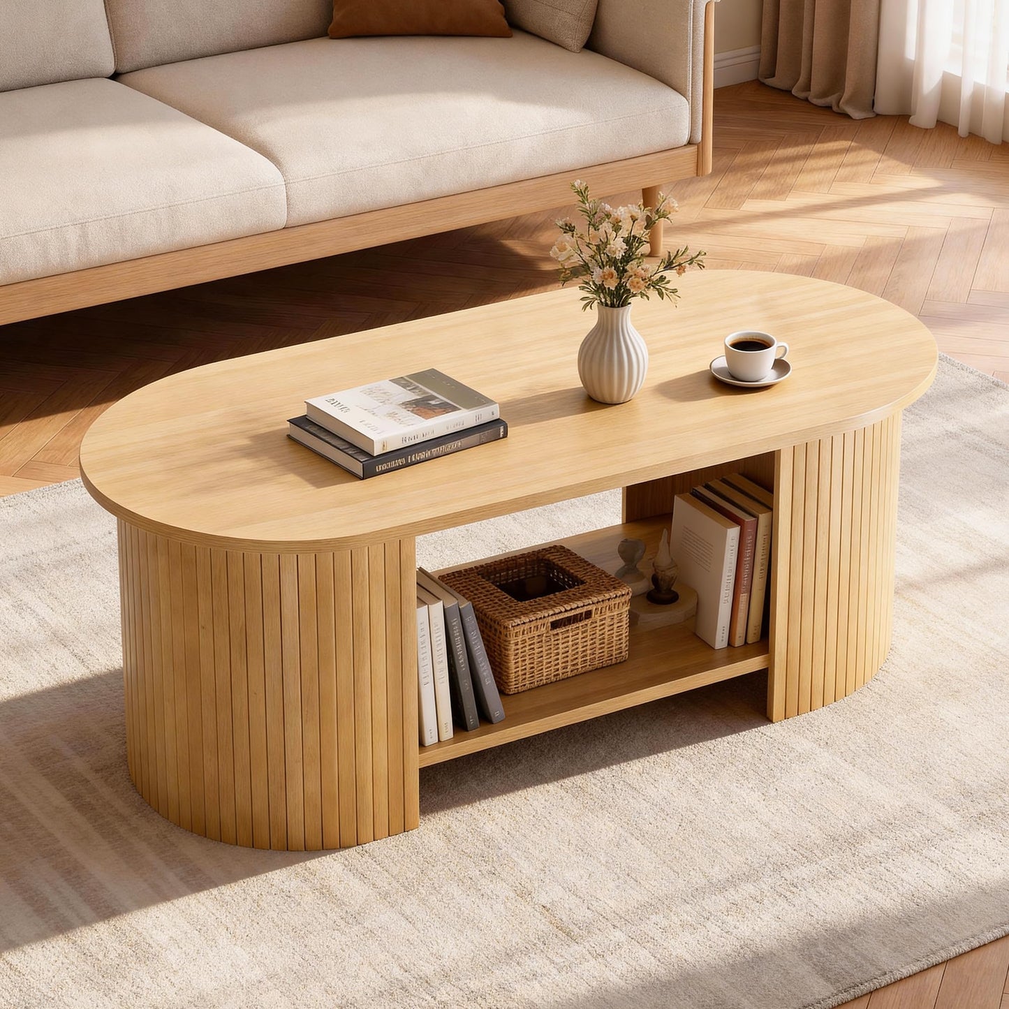 MXV Oval Fluted Coffee Table, 2-Tier Mid Century Modern Center Table, Tea Table with Large Storage, Farmhouse Coffees Table for Living Room, Office, Bedroom, Oak