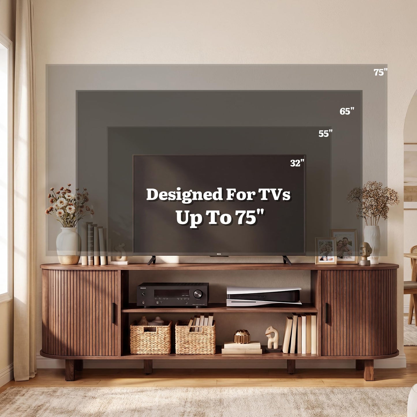 YITAHOME Mid Century Modern TV Stand, 70 inch Entertainment Center with Storage and Fluted Sliding Doors, Adjustable Shelves Media Console for 75 Inch TV, TV Stands for Living Room, Walnut