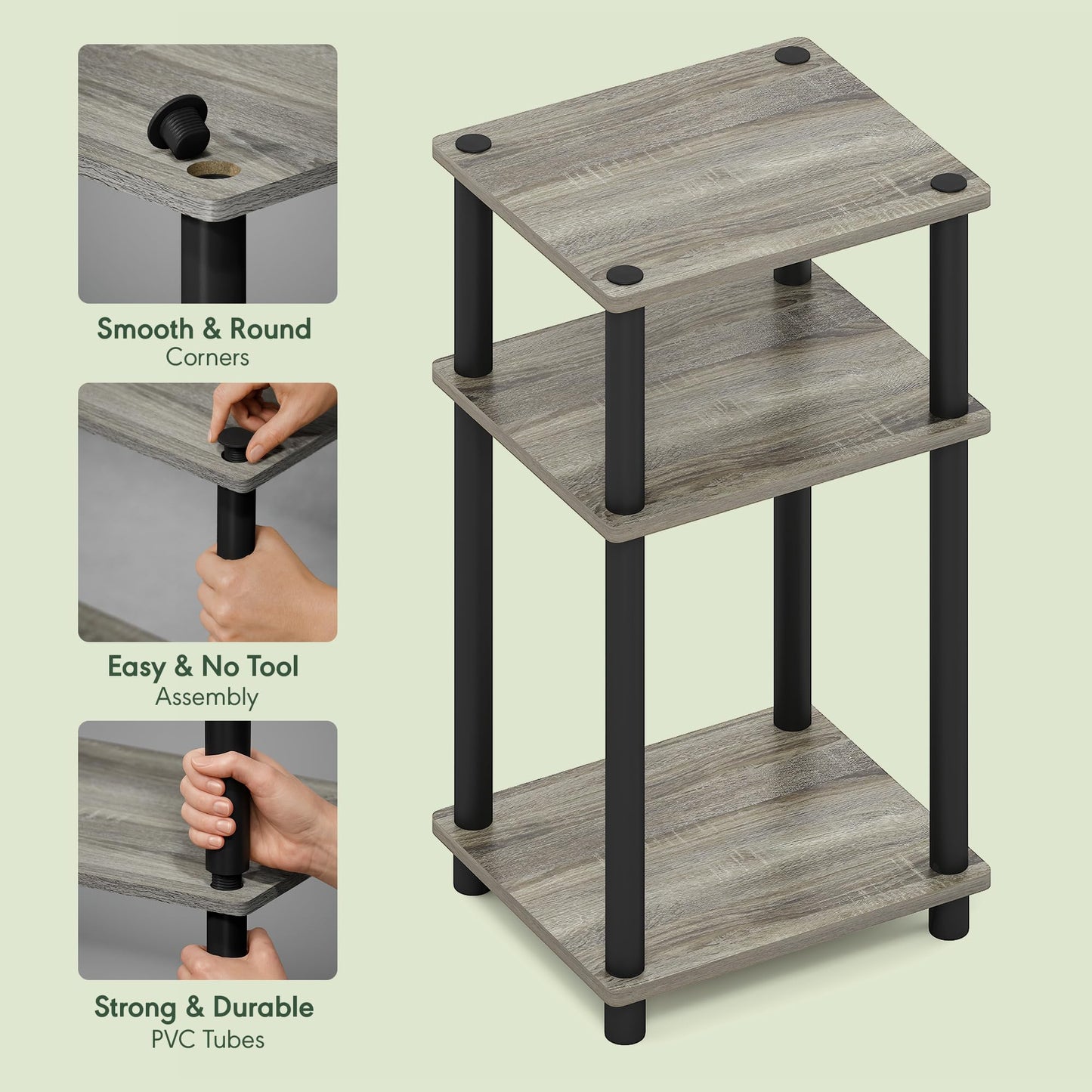 Furinno JUST Side Table, 3-Tier End Table, Open Shelves Night Stand, Bedside Table, Toolless Assembly, for Living Room, Bedroom, Bathroom, French Oak