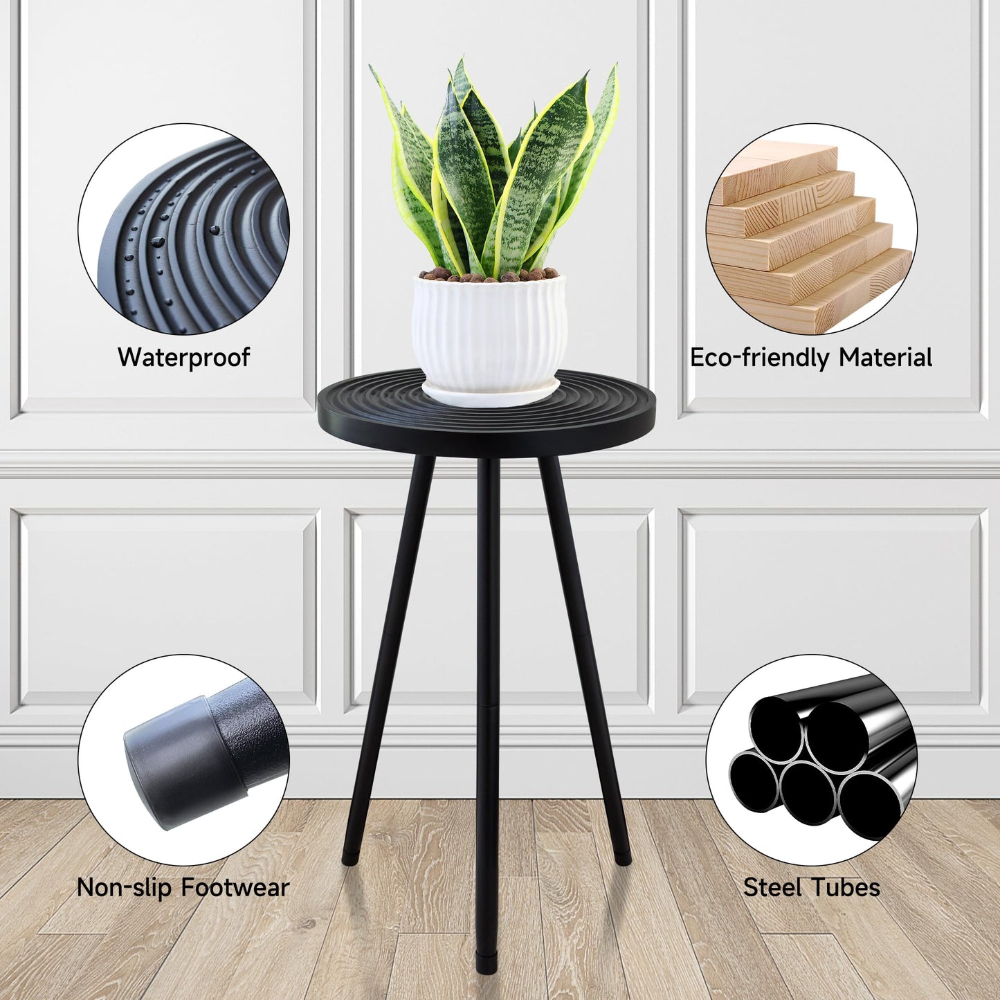 Lawn Social Tall Plant Stand Indoor, 20" Mid Century Modern Plant Table, Wood & Metal Plant Holder for Flower Pots, Round Small Side Table for Living Room Bedroom Balcony Decor, Black (11.4"x20")