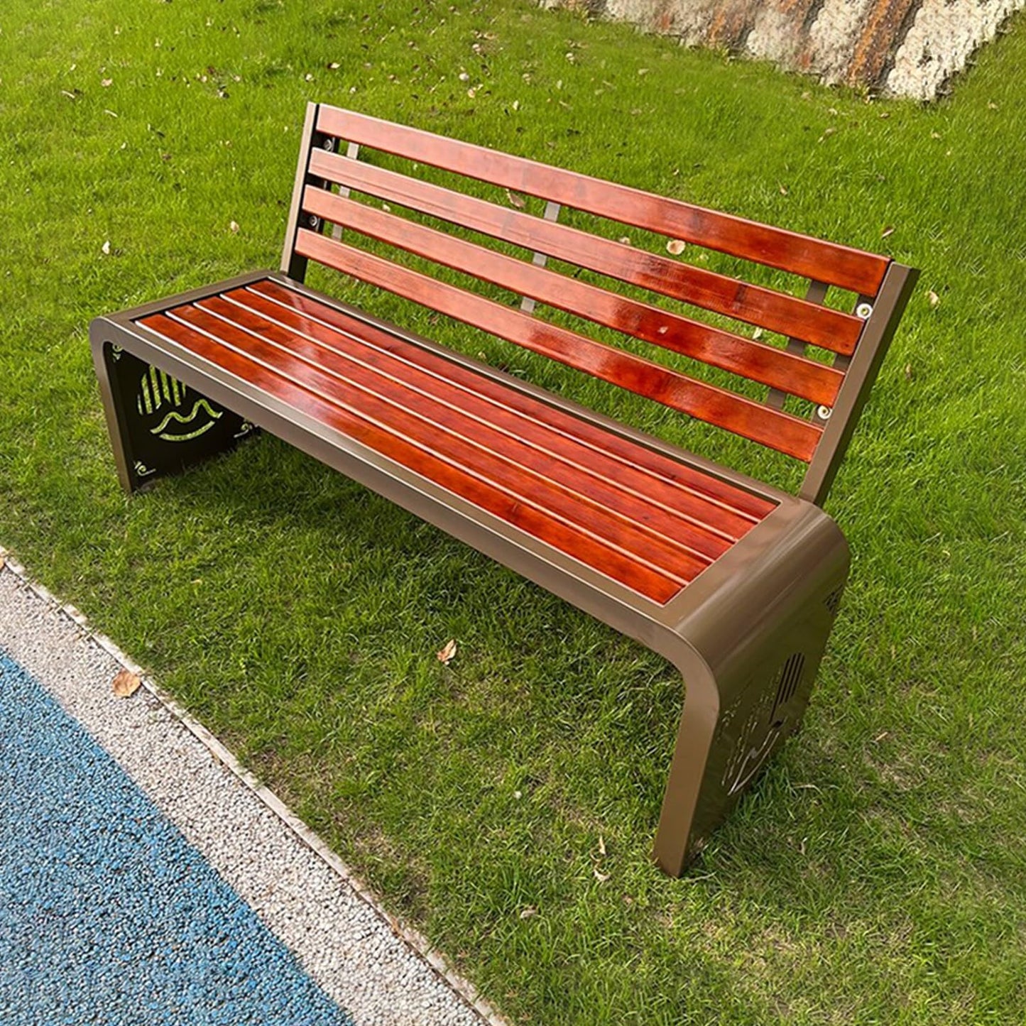 This Outdoor Patio Garden Bench, 150cm Steel Frame Slats with Backrest, Perfect for Parks, Lawns, Balconies, Porches, and Backyards - Durable and Stylish Seating