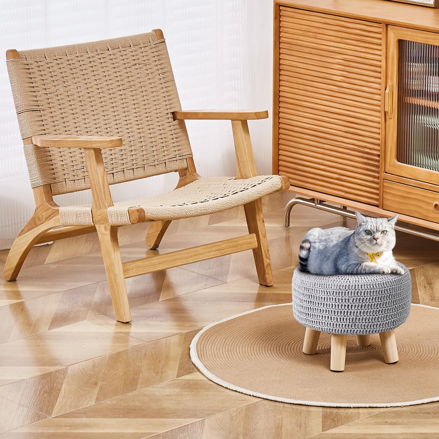 Wimarsbon Small Ottomans, 100% Hand Knitted Pouf Ottoman, Round Footrest with 4 Non-Skid Wood Legs, Boho Décor Cotton Rope Pouffe Beside Sofa, Leisure Floor Step Chair for Living Room (Grey)
