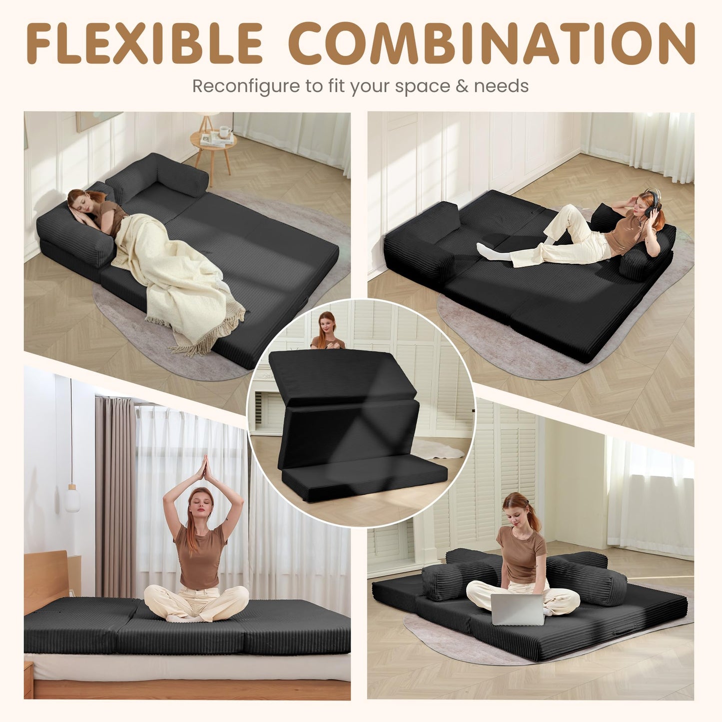 NLDD Convertible Sofa Bed King,5-in-1 Folding Boneless Couch Corduroy Futon Sofa Bed,Tri-Fold Mattress with Removable Armrests & Handle,Sleeper with Pull Out Bed for Small Space Living Room Bedroom