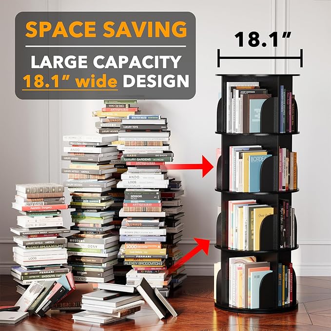 SpaceAid 4 Tier Rotating Bookshelf Tower, Spinning Bookcase Lazy Susan