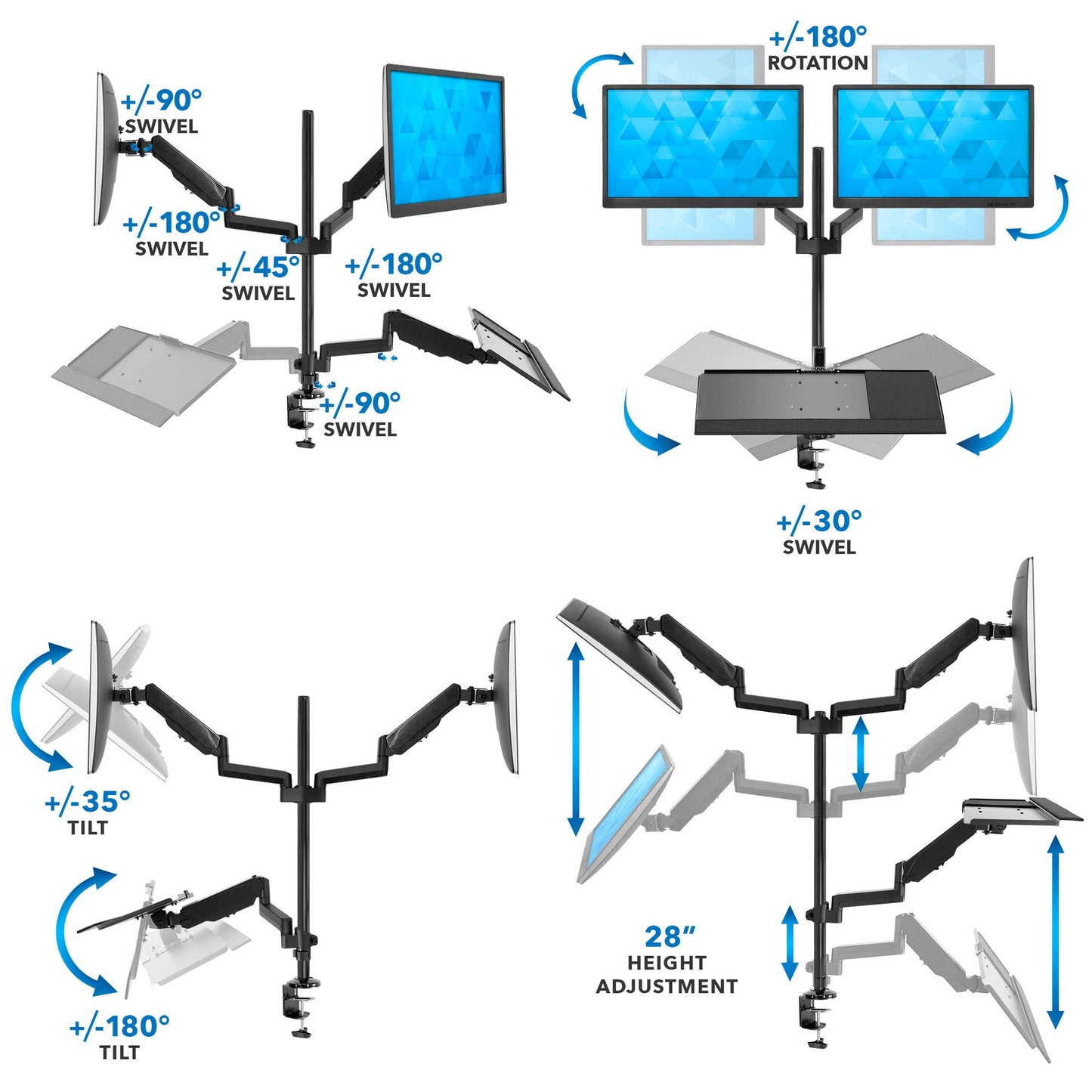 Mount-It! Dual Monitor Arm Desk Mount Sit-Stand Workstation with Keyboard Tray, Height Adjustable Gas Spring, Fits Two 17–32” Screens, 17.6 lbs Each, VESA 75x75 100x100, Clamp or Grommet (Black)