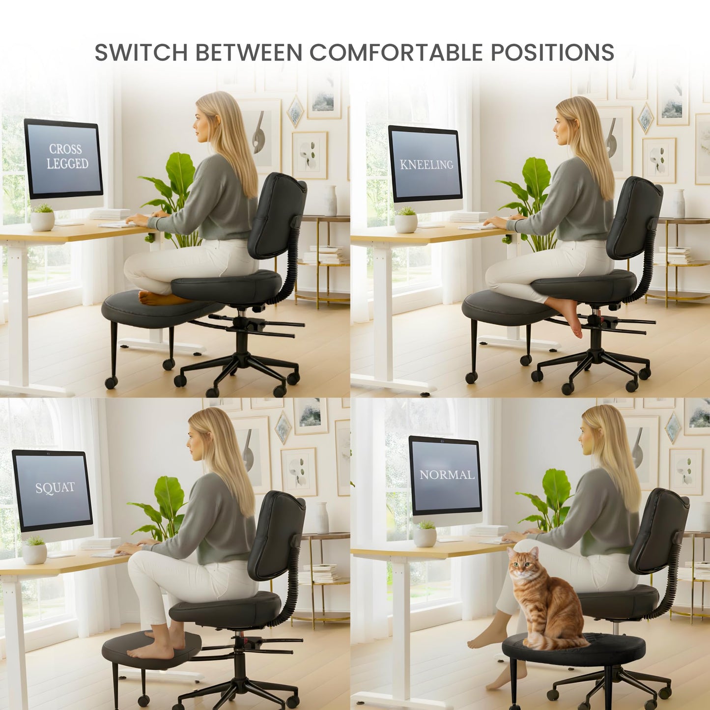 Cross Legged Office Chair Meditation ADHD Yoga Chair for Adults with Ergonomic Back Support Cushioned Seat and Leg Rest for Criss Cross Sitting Kneeling Fidgeting Height Adjustable 360° Swivel