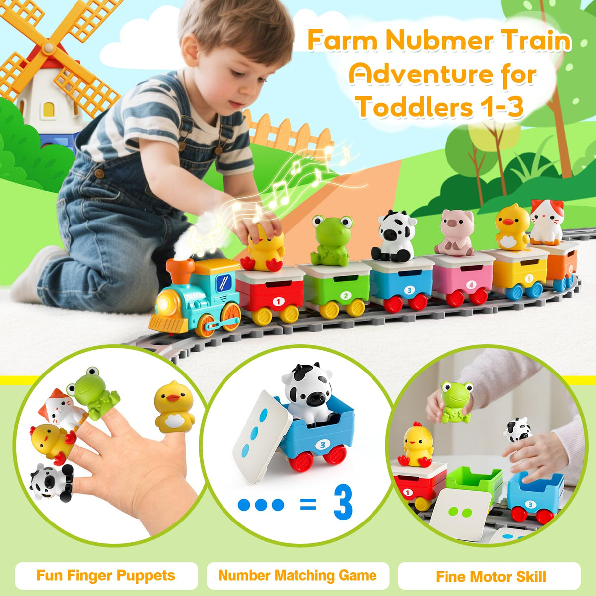Toddler Toys for 1 2 3 Year Old, Electric Farm Animal Train Set with Music, Lights & Steam, Montessori Counting, Matching & Sorting Learning Toys, Christmas Birthday Gifts for Baby Boys Girls 18M+