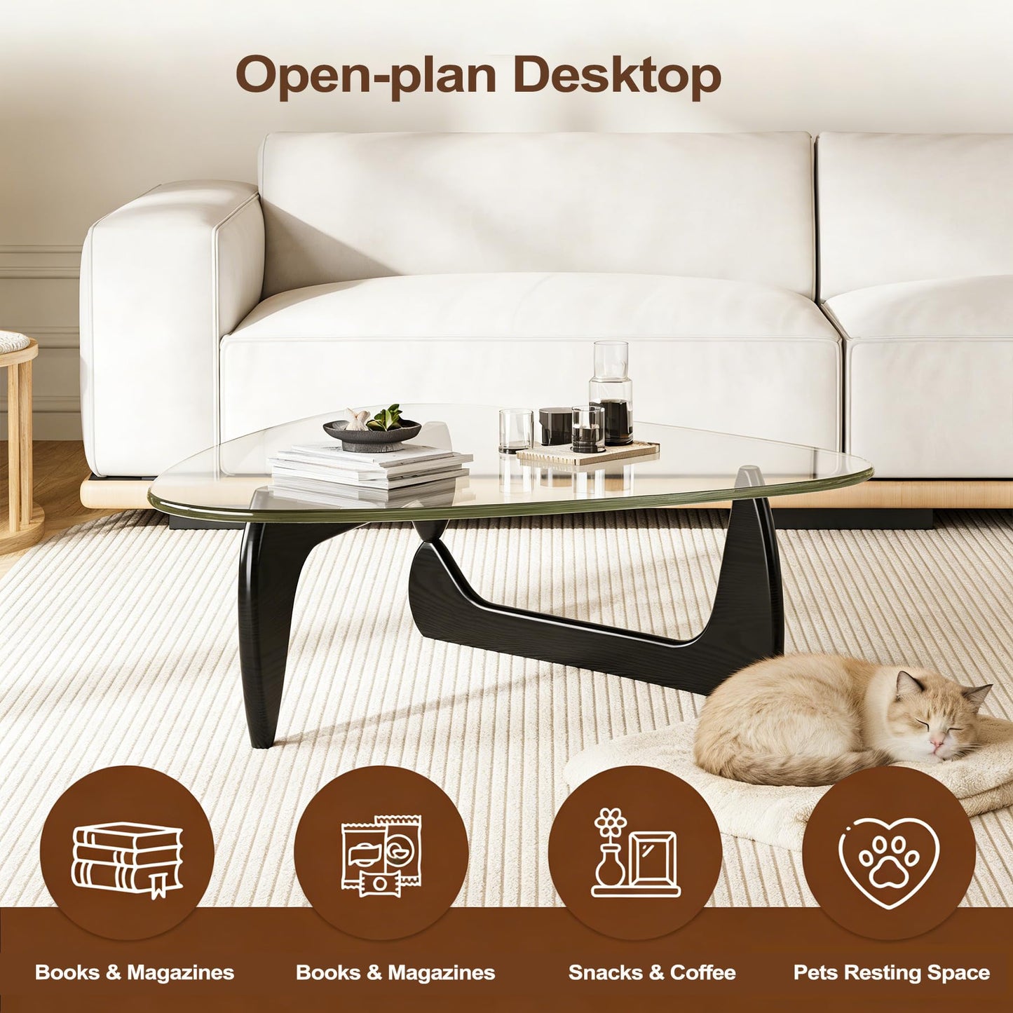 DESYIFO Morden Coffee Table, 44.9″×32.3″×15.8″ Coffee Tables for Living Room, with Triangle Tempered Glass Top & Wood, Abstract
