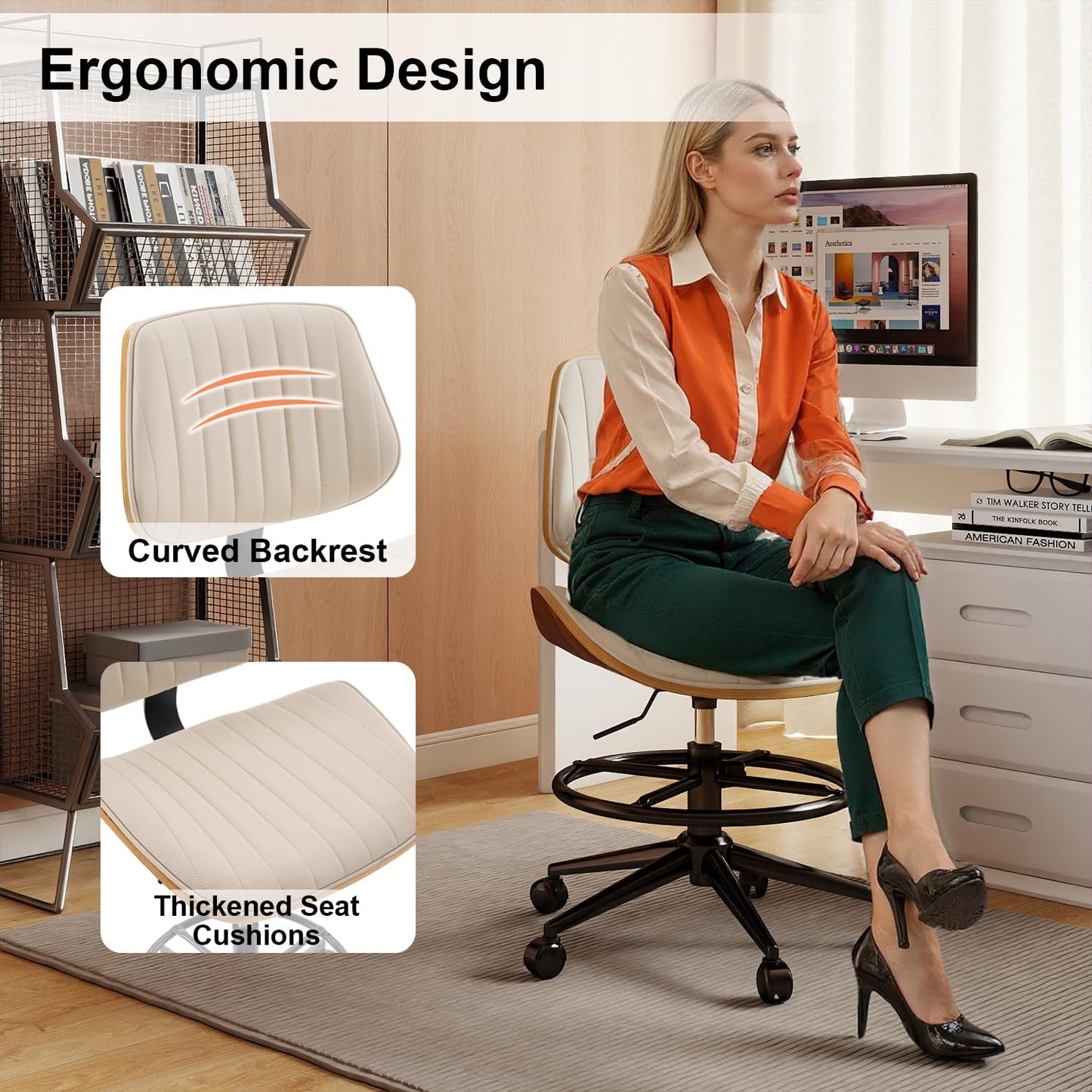 Rongbuk Drafting Chair, Ergonomic Office Chair with Walnut Wood Back Support, Armless PU Leather Desk Chair with Height-Adjustable, Thick Cushion for Home, Bar, Drafting, Office (Beige)