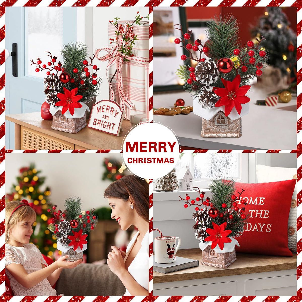 Small Christmas Tree Tabletop Artificial Mini Christmas Tree Decorations with Holiday Ornaments Red Berry Pine Cone Greenery for Home Indoor Fireplace Mantel Xmas Decor (Cabin-Red Flowers)