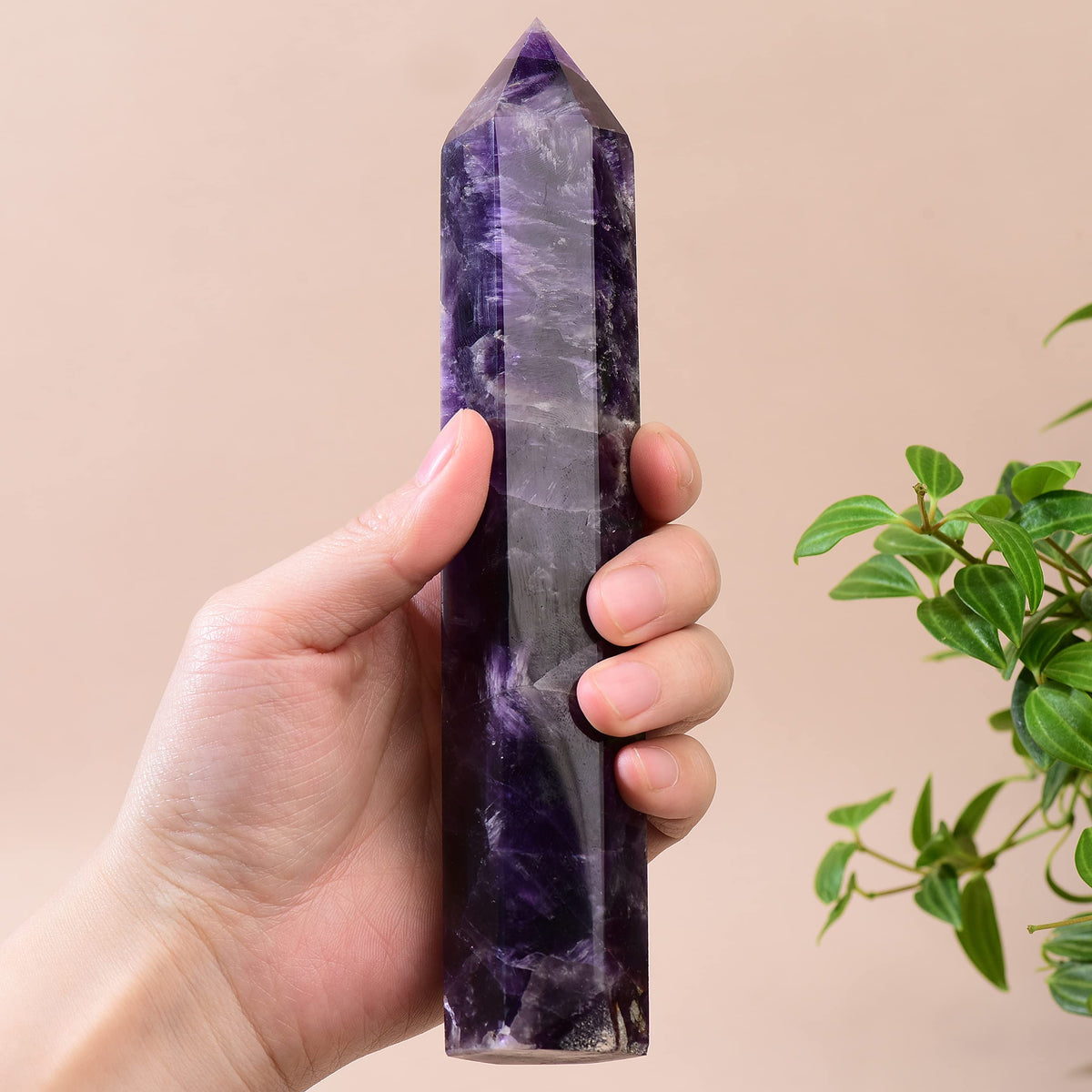 WUYOUSHI Large Natural Dream Amethyst Healing Crystal Wand 5.11-5.9" Natural Crystal Tower 6 Faceted Chakra Crystal Point Meditation Therapy Reiki Energy Stone Home Decor Collection Gift