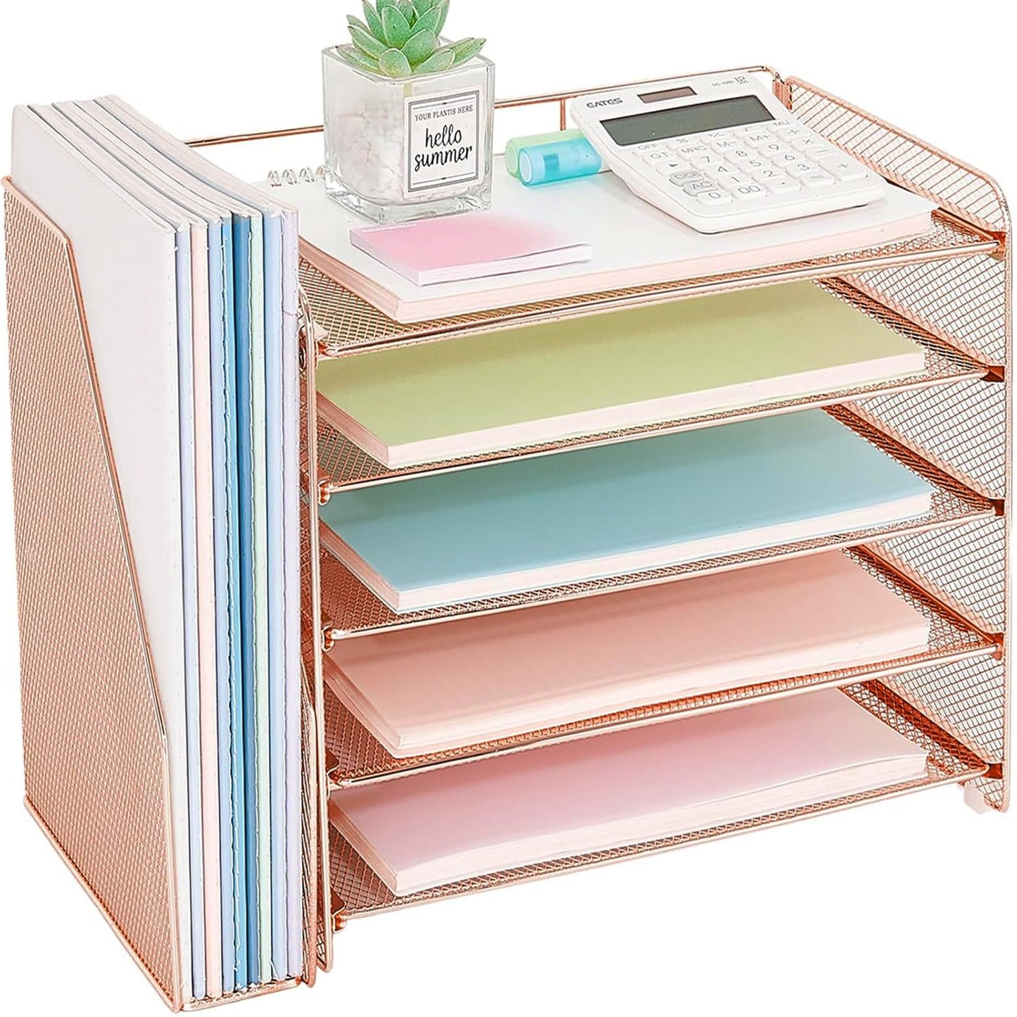OPNICE Desk Organizer, 5-Tier Paper Organizer Letter Tray with Magazine Holder, Office Desk Accessories & Workspace Organizers, Desktop File Organizer for Office Supplies Storage, Rose Gold