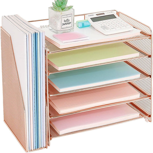 OPNICE Desk Organizer, 5-Tier Paper Organizer Letter Tray with Magazine Holder, Office Desk Accessories & Workspace Organizers, Desktop File Organizer for Office Supplies Storage, Rose Gold