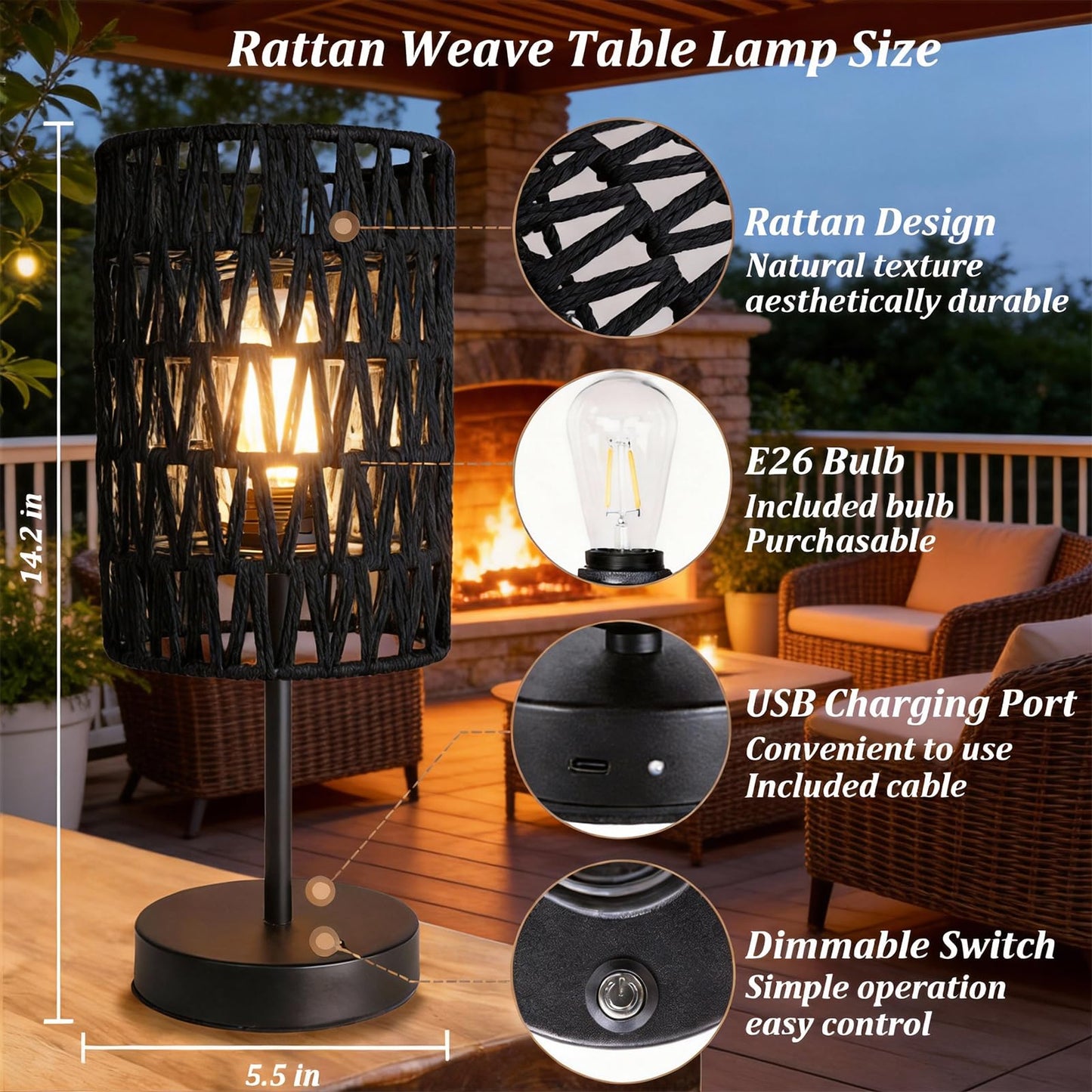 ALL FORTUNE Boho Cordless Outdoor Table Lamps, Rechargeable Battery Operated Rattan Table Lamps, Stepless Dimmable, for Covered Patio, Porch, Gazebo, Living Room, Bedroom Decor- Set of 2 (Black)