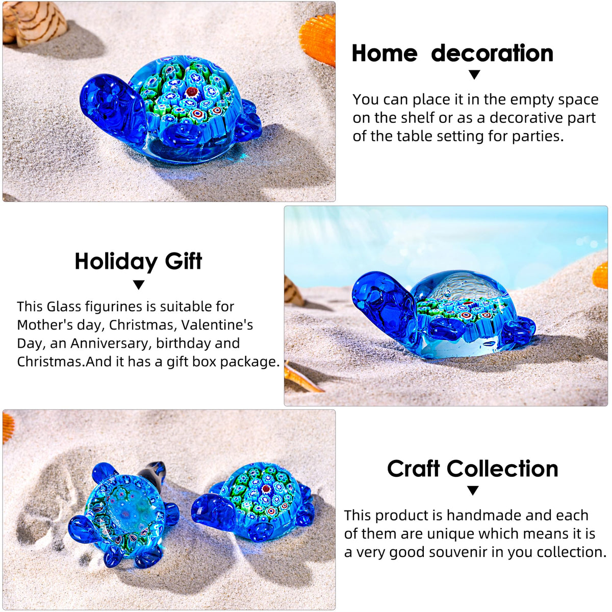 Hand Blown Glass Sea Turtle Figurine Paperweight,Sea Animal Ornament for Home Decor,Sea Animals Collection for Birthday Gift,Glass Tortoise Sculpture