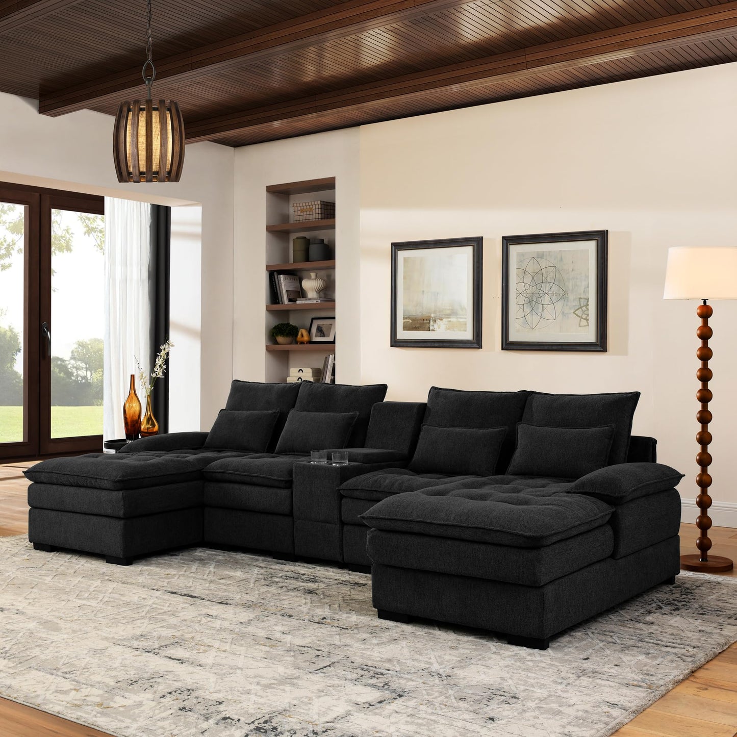 KEIKI U-Shaped 6 seat Sofa with Storage Console, Cup Holders, 130" Upholstered Sectional Sofa, Button Tufted Cloud Cushion Couch for Home, Office, Black