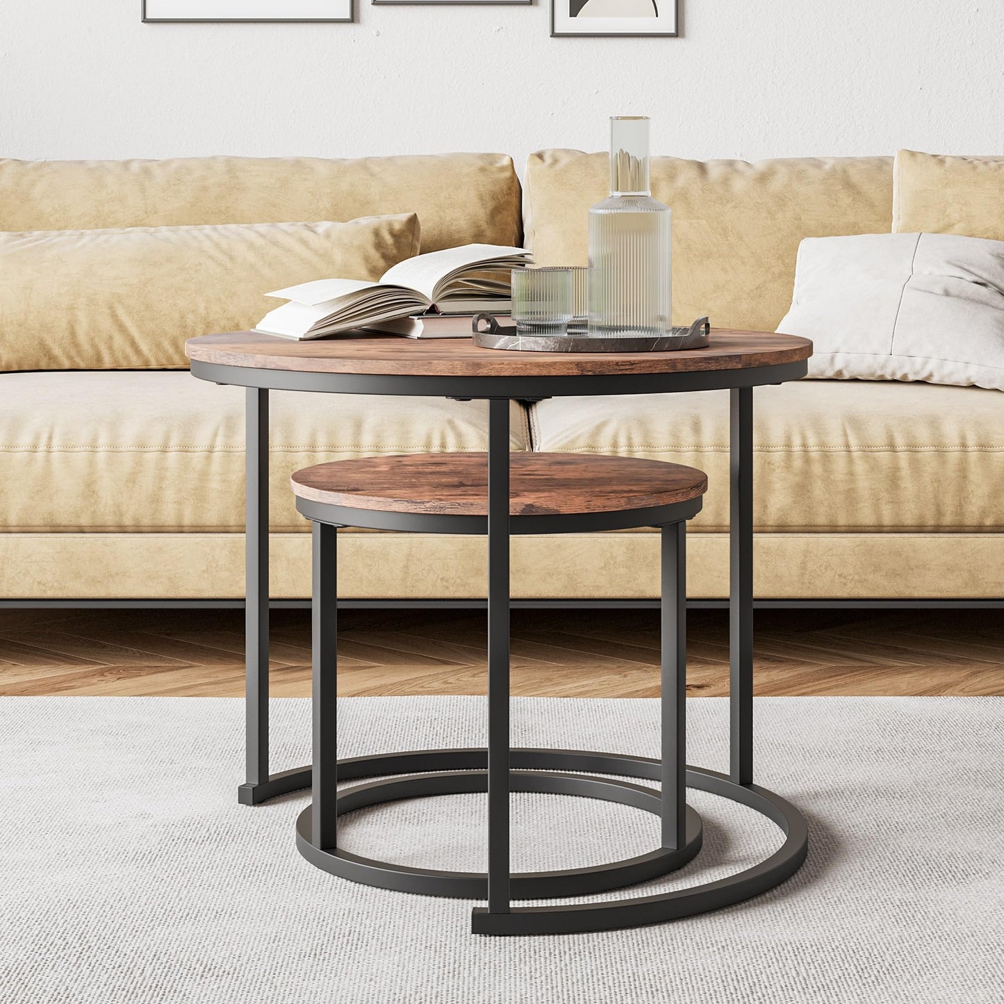 HOJINLINERO Small Round Nesting Coffee Table Set of 2 with Metal Frame and Wood Top, Modern Stacking Side Table for Living Room, Bedroom, Office, Brown