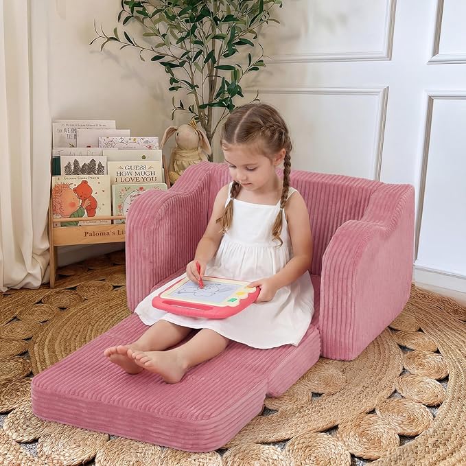MeMoreCool Corduroy Pink Kids Chair, 2-in-1 Kids Couch Fold Out to Lounger