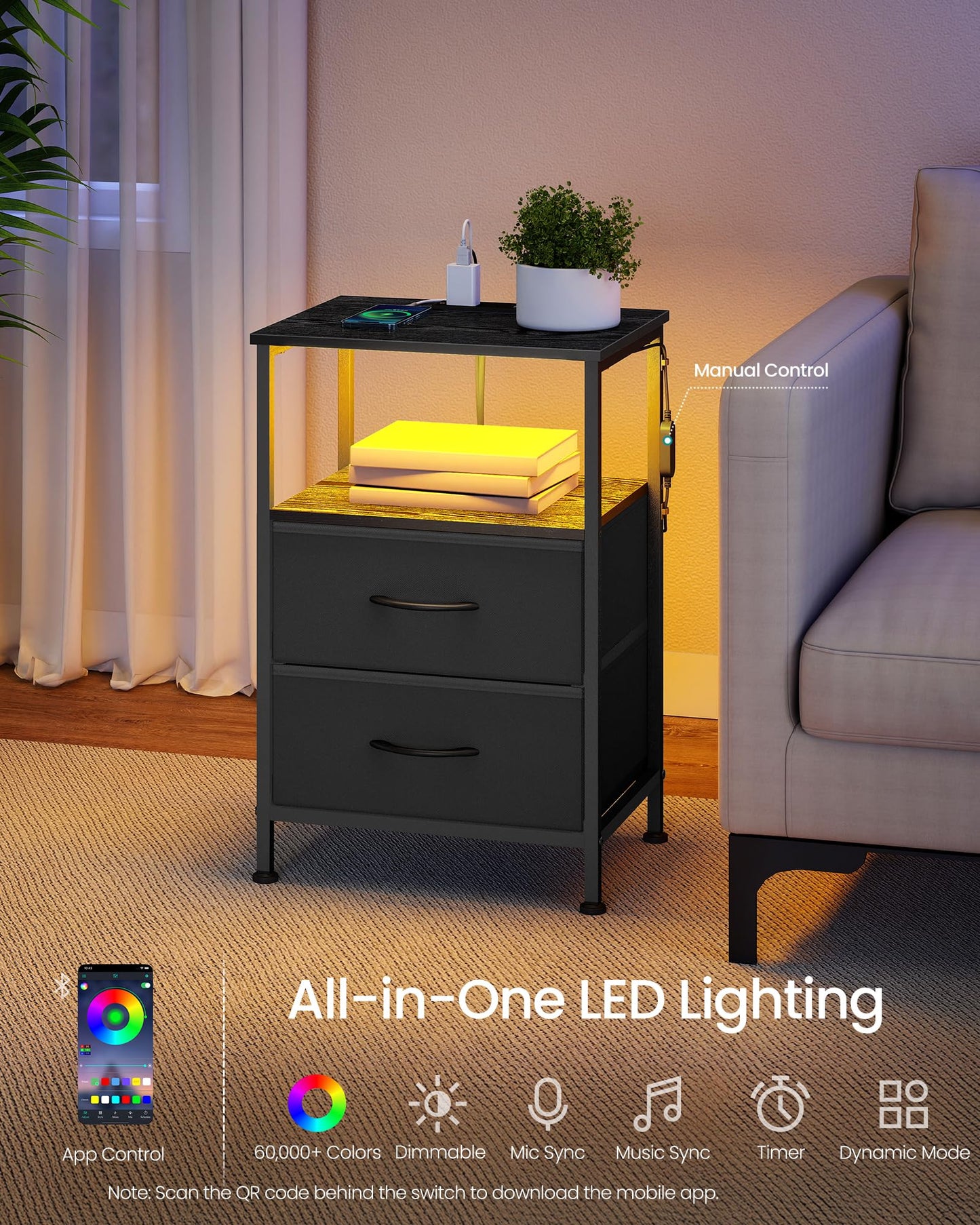 SONGMICS BELLAH Collection - Nightstand with Charging Station and App-Controlled Adjustable LED Lights, Bed Side Table, 2 Drawer and 1 Open Shelf, Bedroom, Ink Black and Ebony Black ULGS302BH01S