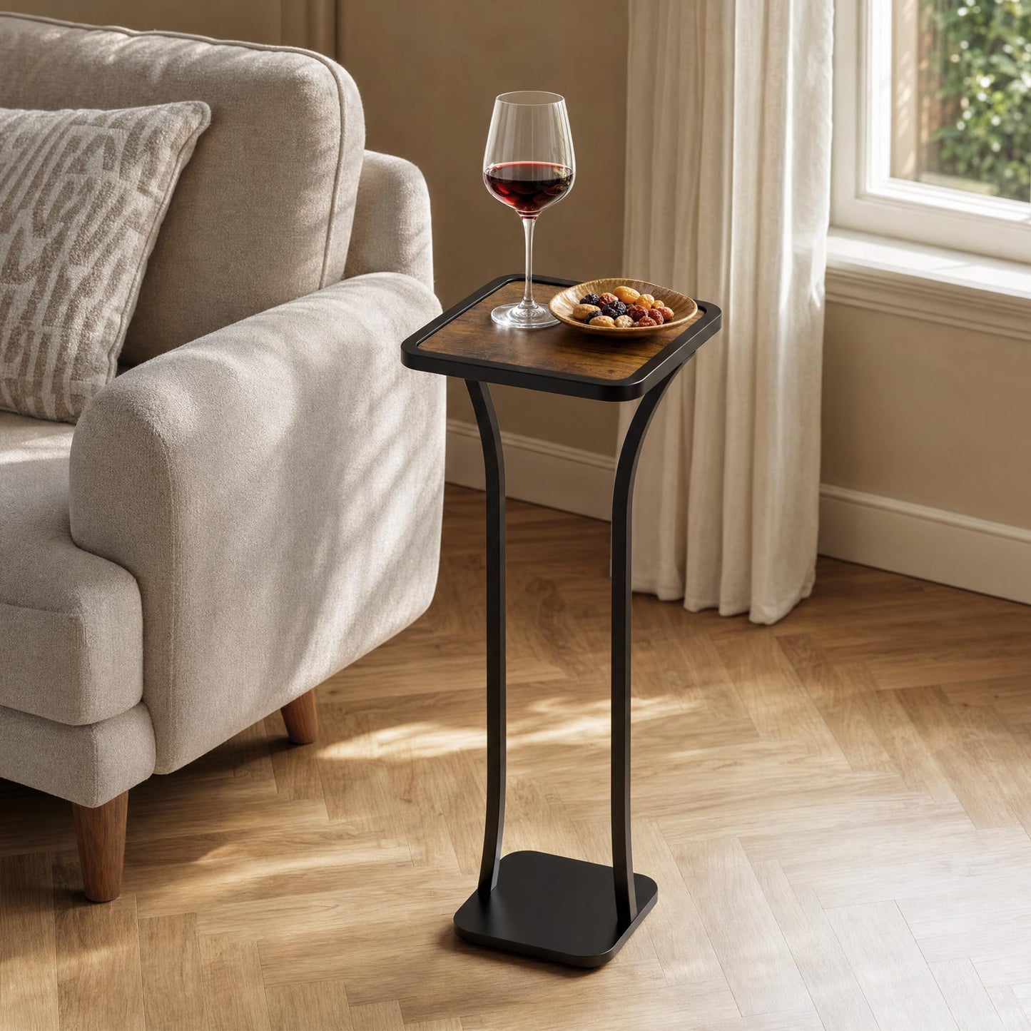 NANAGIFTREE Small Square Side Table, Drink Table with Weighted Base, Solid Wood & Metal Accent Table for Small Spaces, Pedestal End Table for Living Room, Bedroom, Office(Black + Walnut)