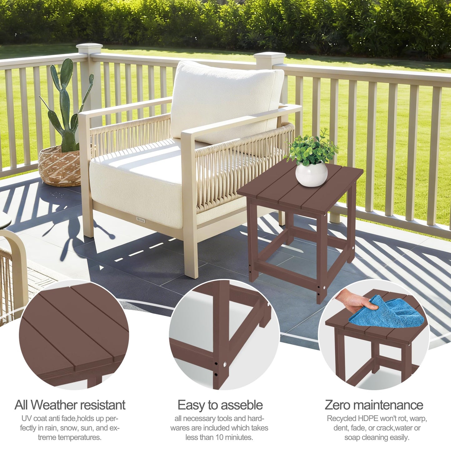 LZRS Square Patio Side Table, Heavy Duty HDPE Outdoor End Table with Wood Texture, Weatherproof Composite Table for Adirondack Chairs, Deck, Pool, Indoor/Outdoor, No Peeling or Cracking(Brown)