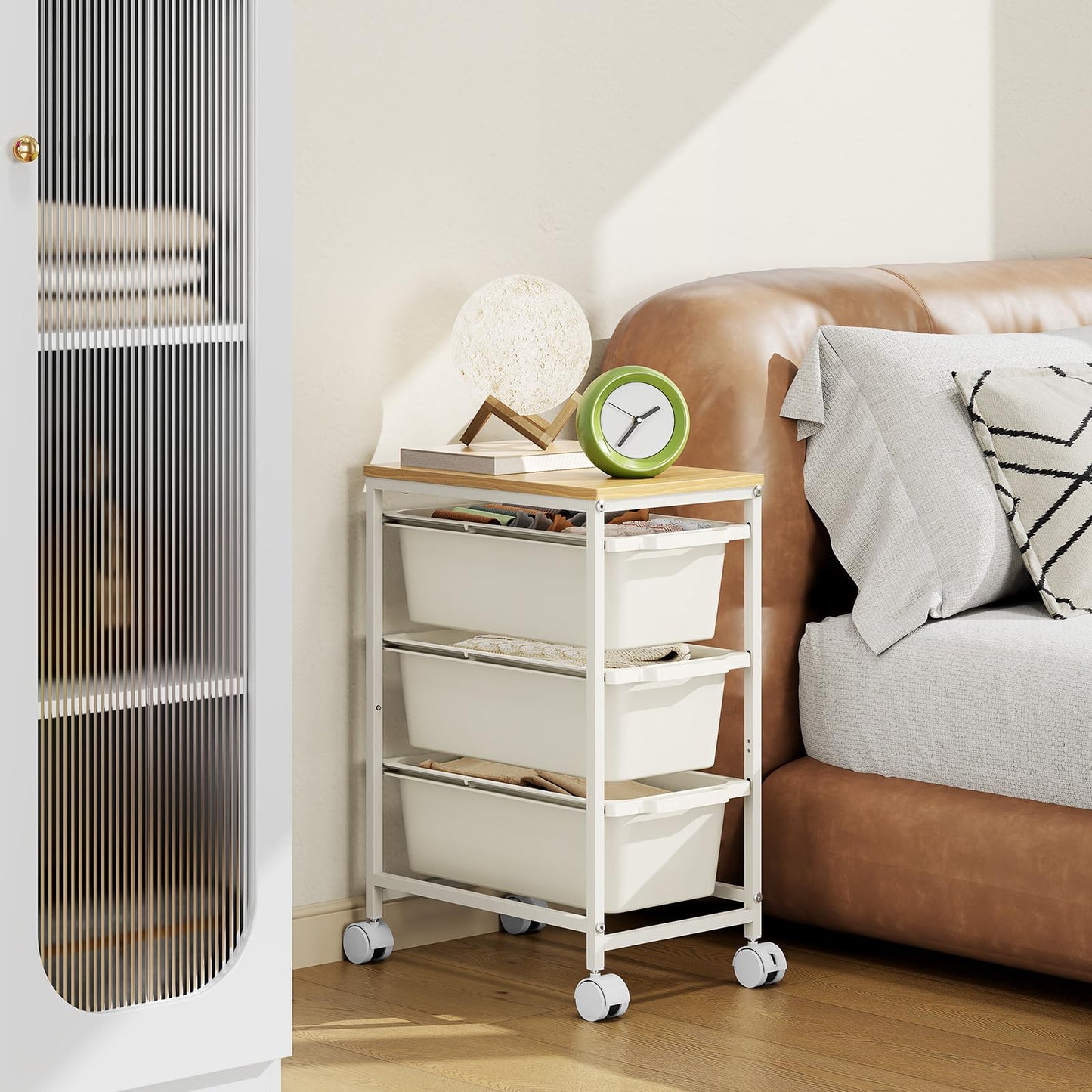 Slim Rolling Storage Cart with 3 Drawers, Craft Organizer, Wooden Tabletop Utility Cart for Bedroom, Children's Room and Office Organization, Under Desk Trolley with Lockable Wheels,White