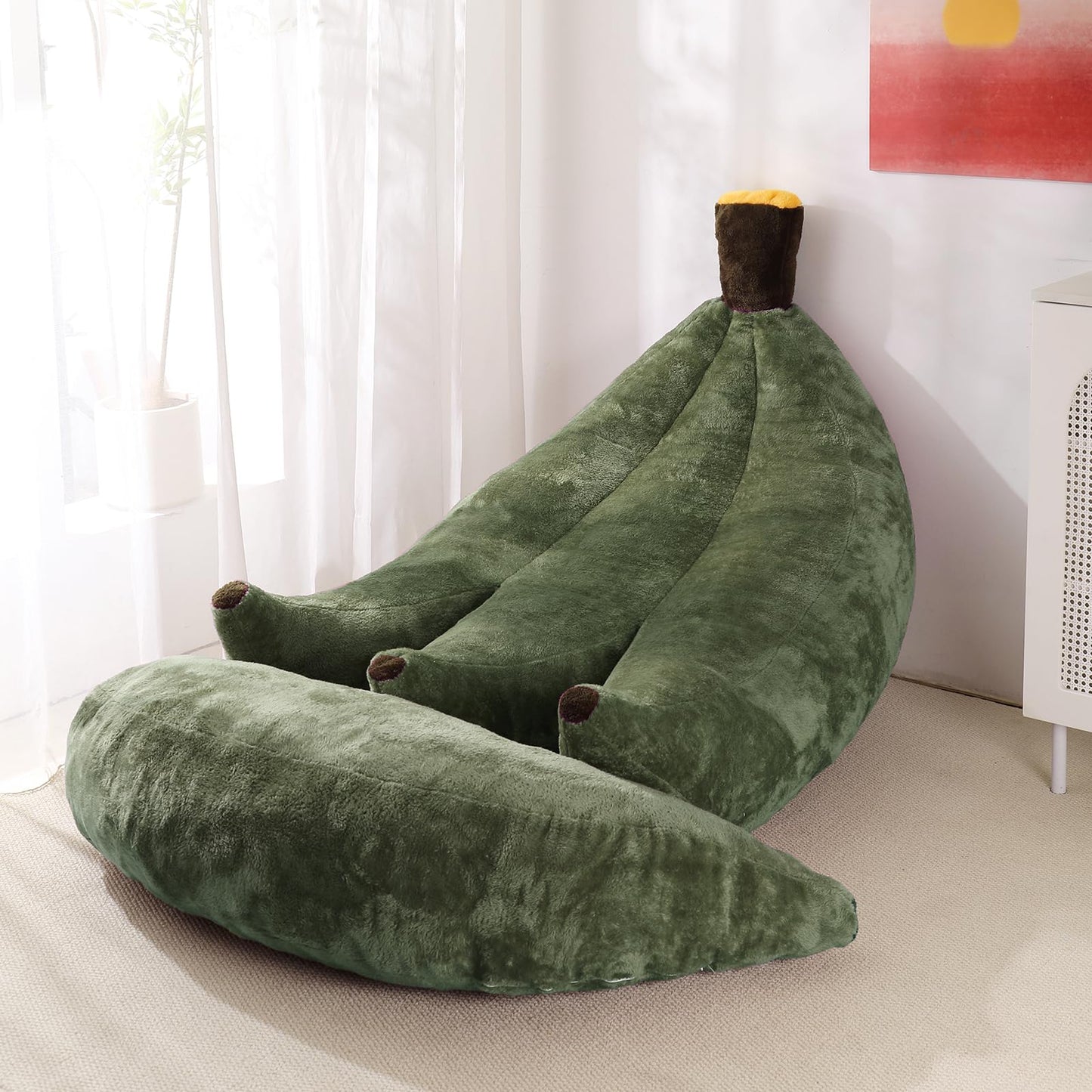 IEVENW Banana Bean Bag Chair with Ottoman, Floor Sofa Bed with Footrest, Comfy Convertible Lounger for Adults, Plush Couch for Bedroom, Living Room or Dorm, L-DarkGreen