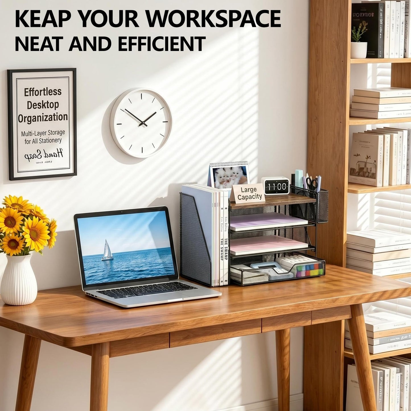 OPNICE Wood Desk Organizers and Accessories, 4-Tier Desktop Paper Letter Tray Organizer with Drawer and Pen Holders, Office Desk Accessories & Workspace Organizers for Home Office Supplies, Brown Wood
