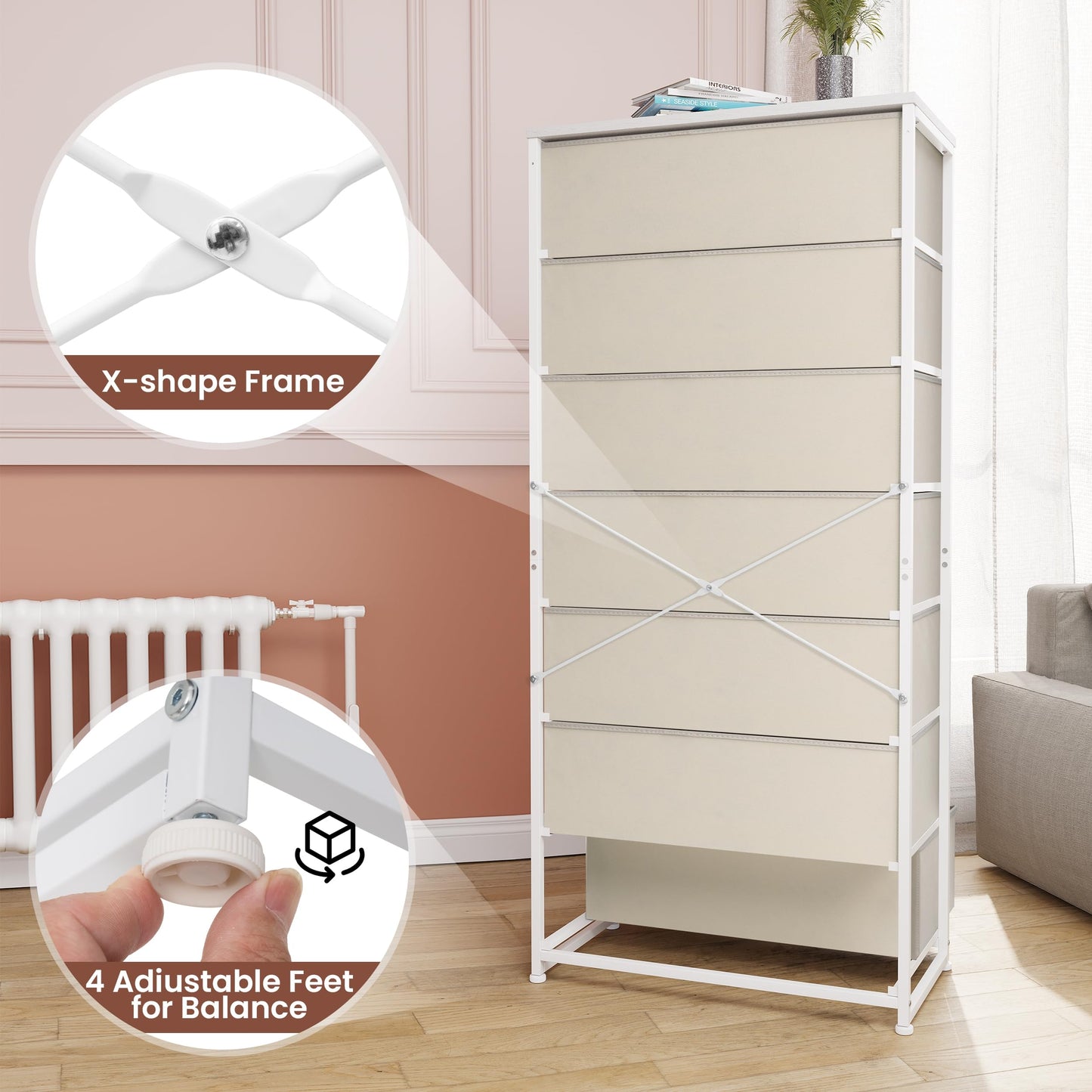 Crestlive Products Tall Dresser, 7-Drawer Wide Fabirc Storage Tower, Chests of Drawers - Vertical Organizer Unit for Bedroom, Hallway, Entryway, Nursery, Wood Top, Closets with Handles (Beige)