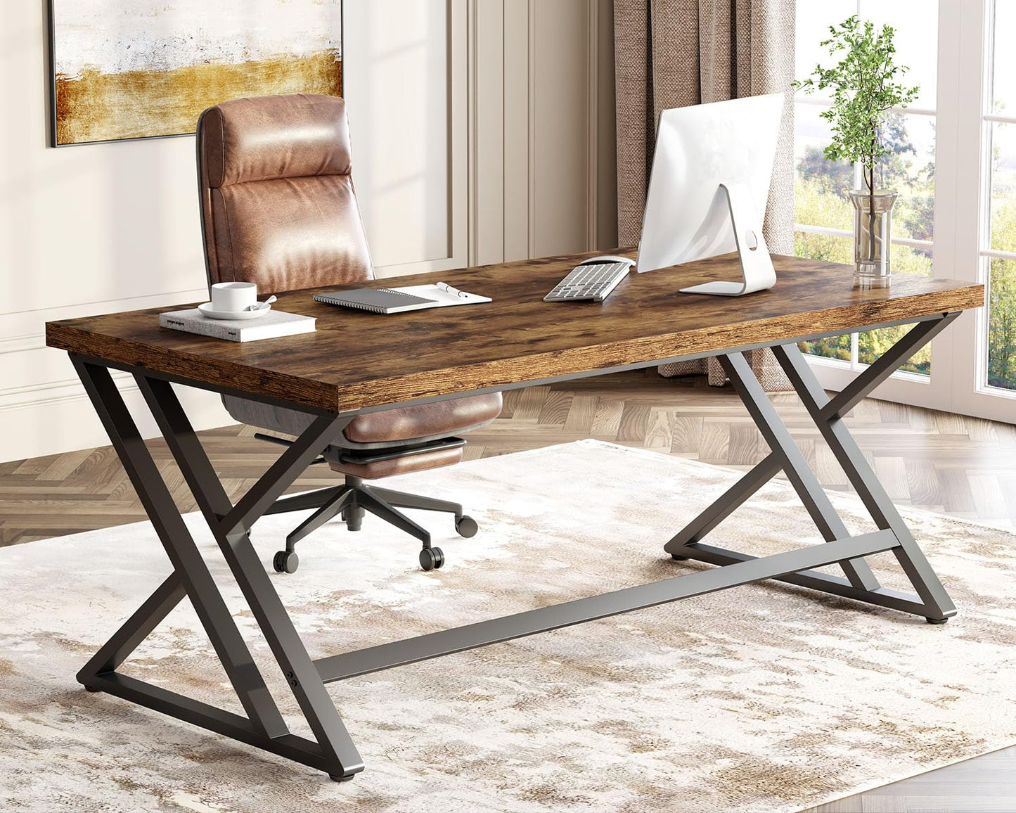 LVB Rustic Computer Desk, Metal Wood Home Office Desk, Industrial Simple Study Executive Desk for Writing Work, Wooden Student Gaming Computer PC Table with Storage for Bedroom, 55 Inch, Rustic Brown