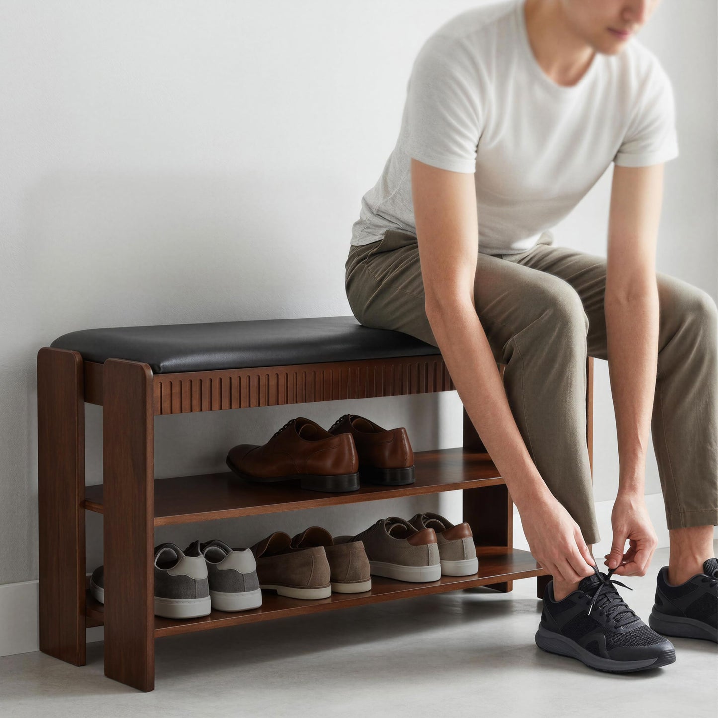 LUHIMI Shoe Bench with Cushion, Solid Wood 2 Tier Adjustable Storage Shoe Bench Rack for Entryway, Bedroom, Closet, Living Room, Hallway