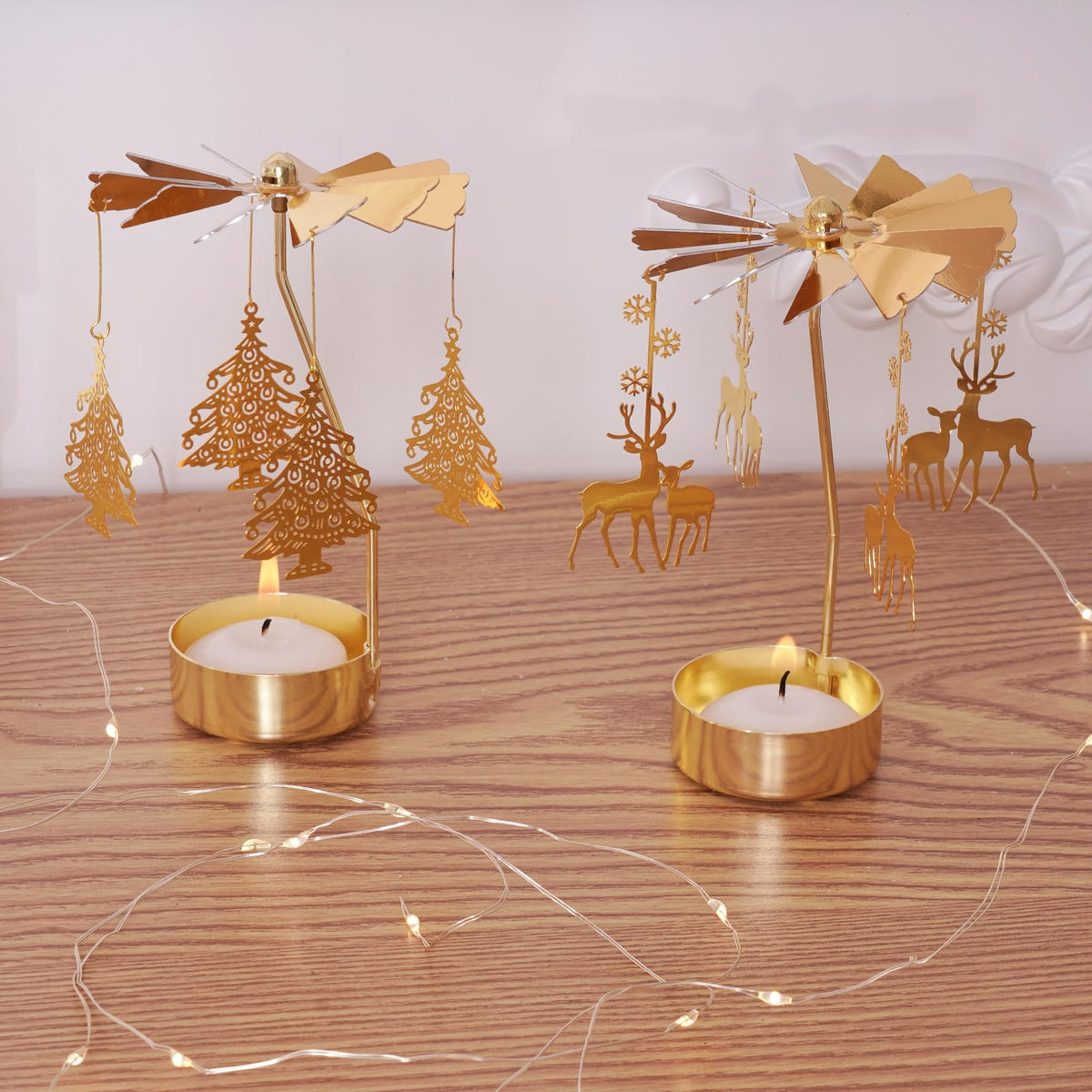 2Pcs Rotary Candle Holder Spinning Tea Light Candle Holder Gold Christmas Tree & Reindeer Style Metal Rotating Candlestick